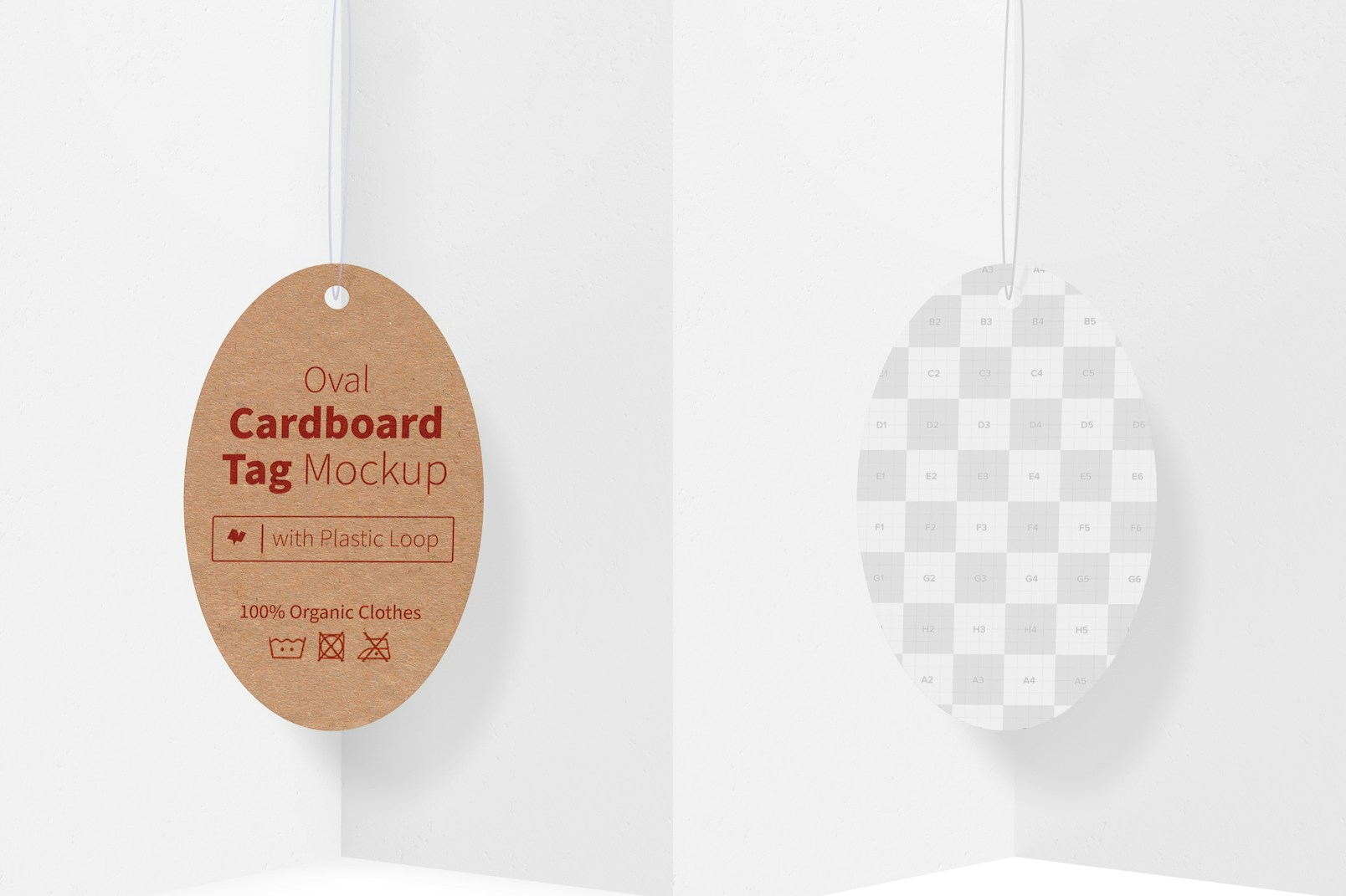 Maqueta de Etiqueta Ovalada de Cartón con Lazo Plástico, Vista Frontal