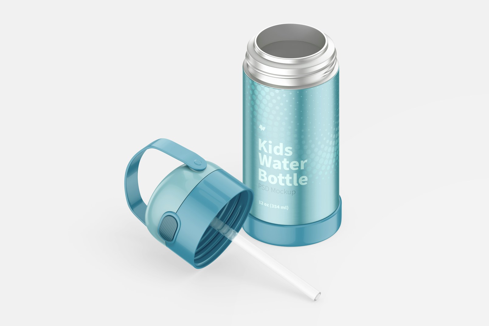 Maqueta de Botella de Agua para Niños de 12 oz, Vista Isométrica Abierta