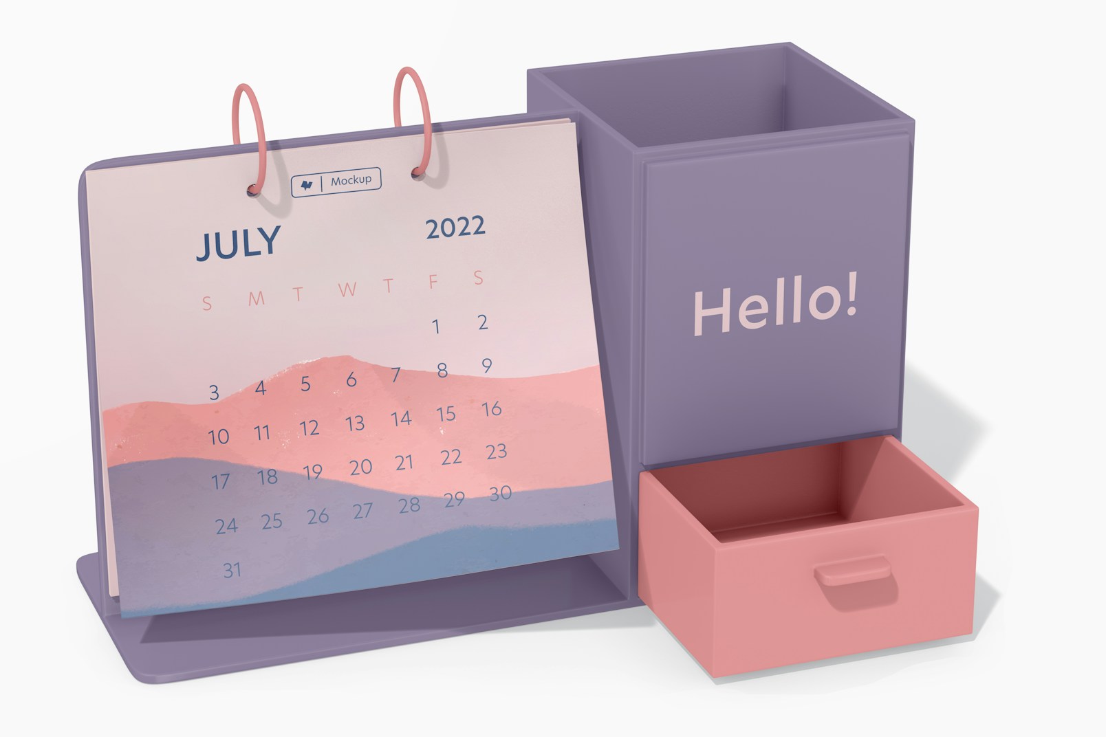 Calendar with Desk Organizer Mockup, Side View