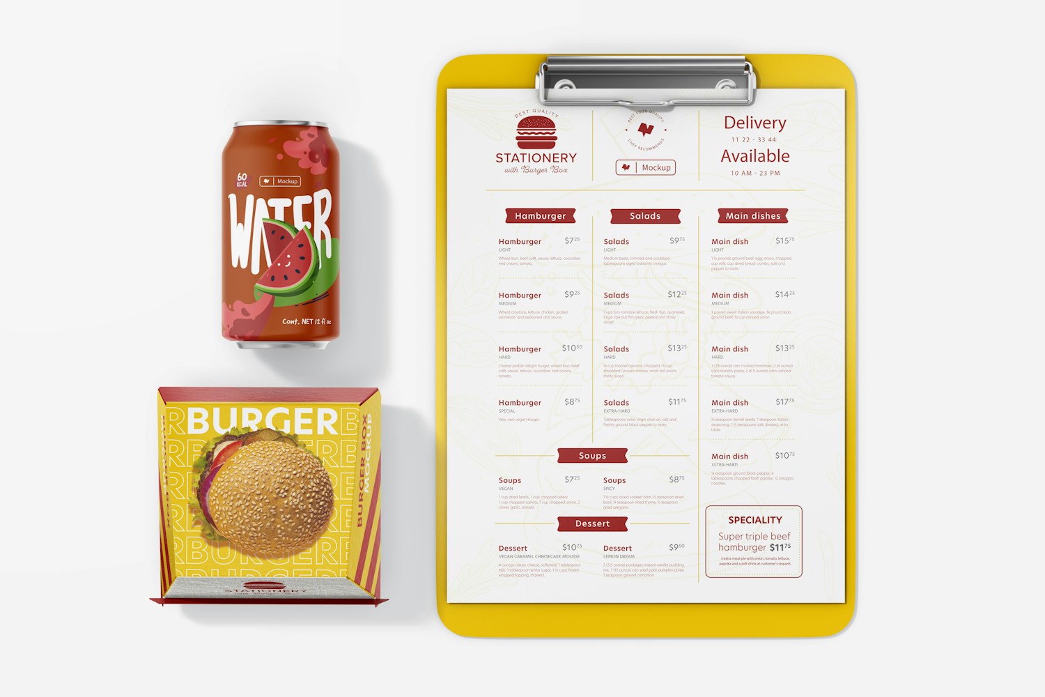 Stationery with Burger Box Mockup, Top View