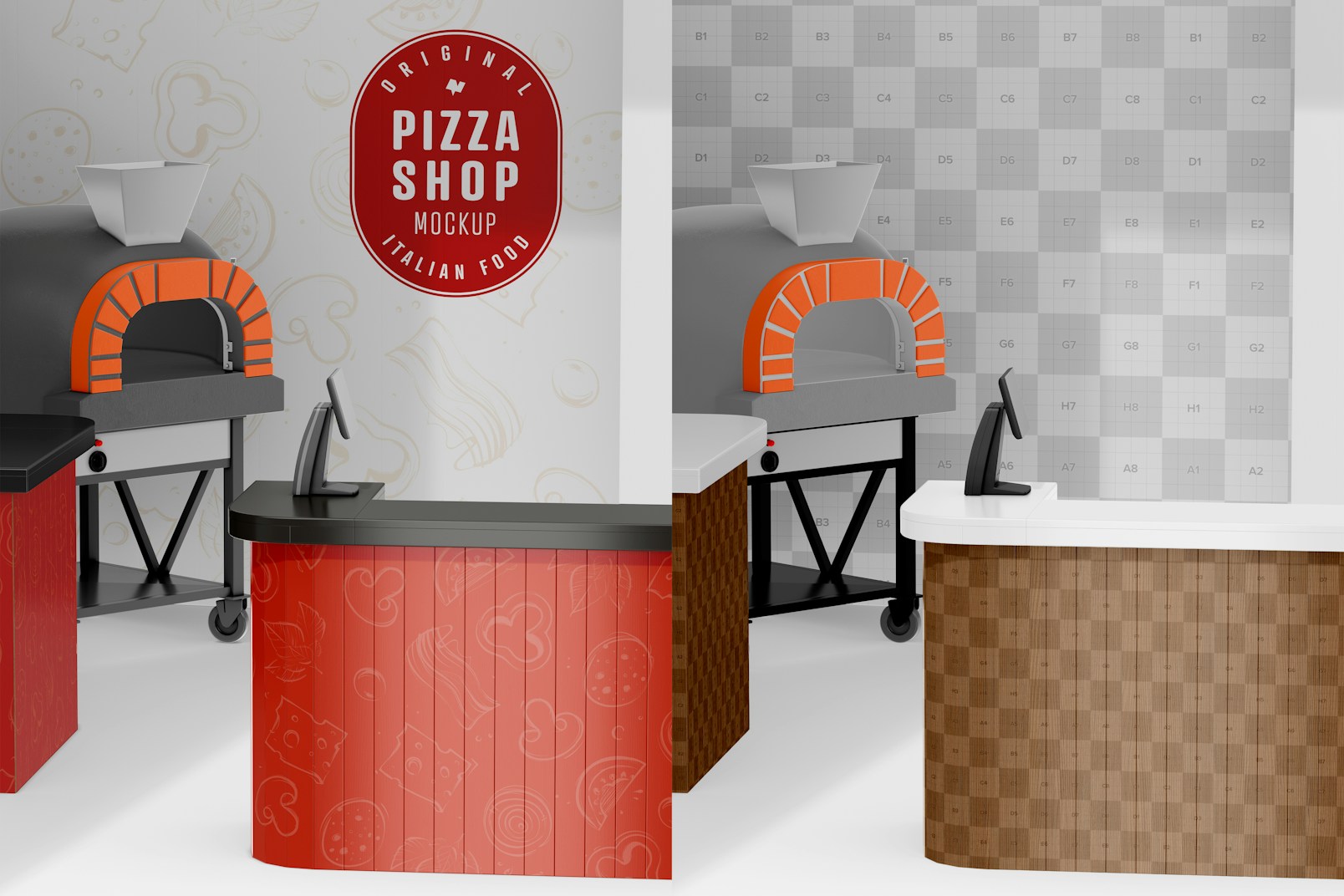 Pizza Shop Scene Mockup, Side View