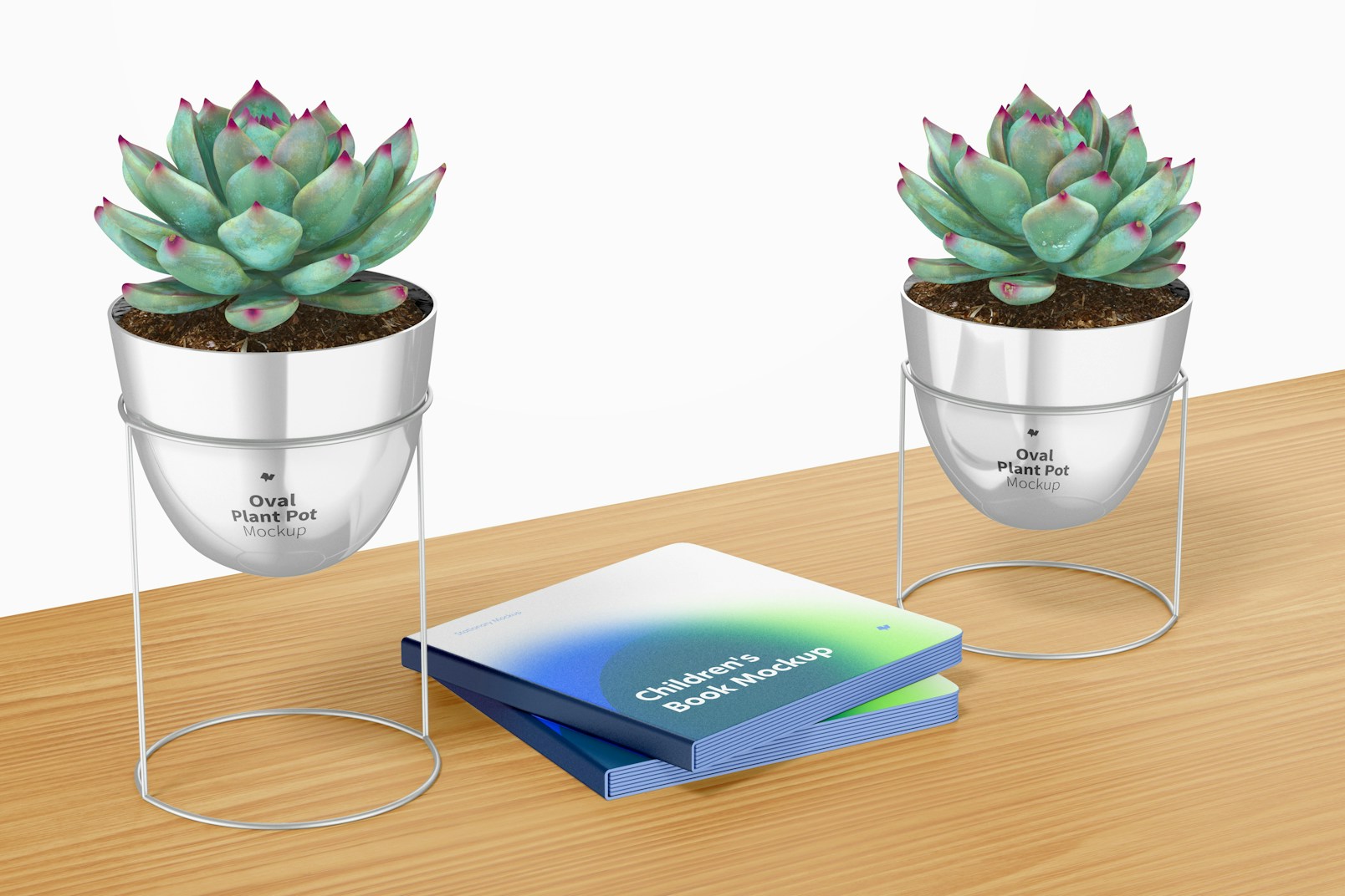 Oval Plant Pots with Stand with Books Mockup