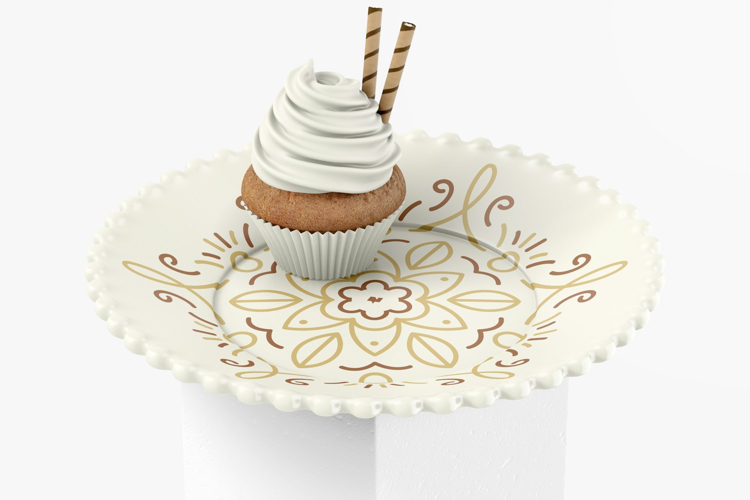Ceramic Dessert Plate with Cupcake Mockup