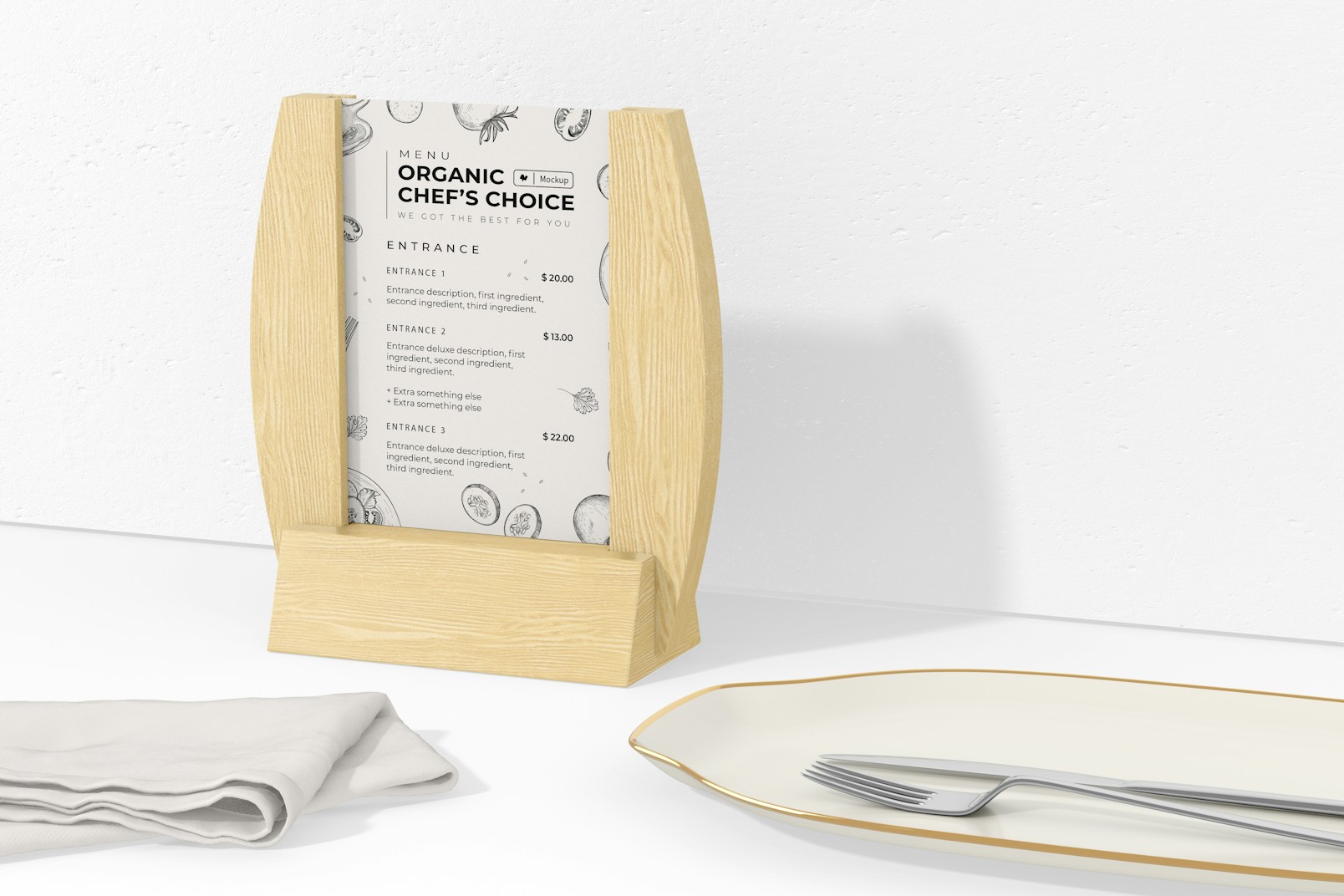 Wooden Table Menu Holder Mockup, Right View
