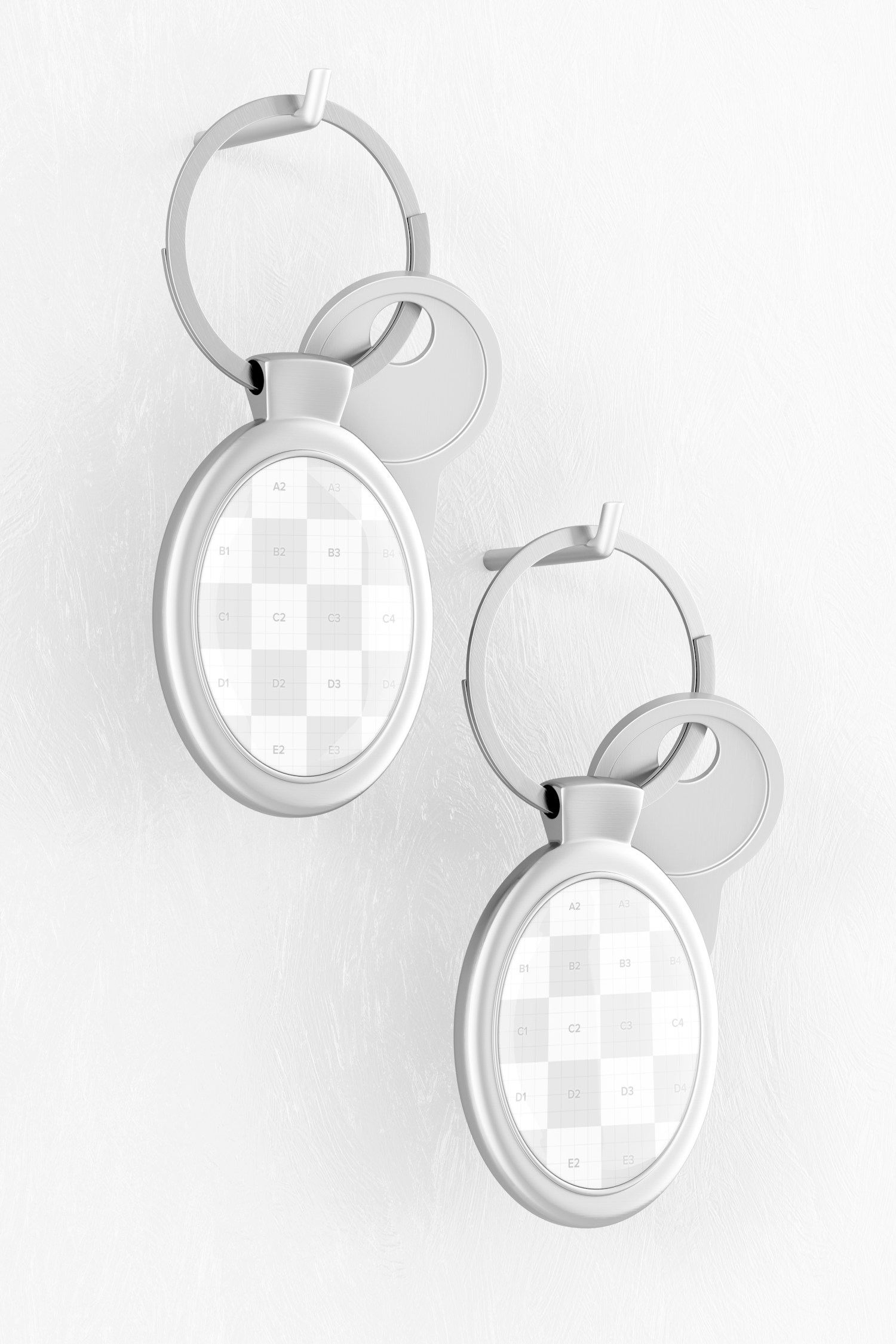 Metallic Oval Keychain Mockup, Hanging on Wall