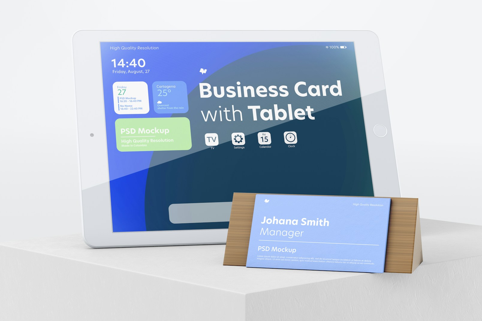 Business Card with iPad Mockup, on Podium