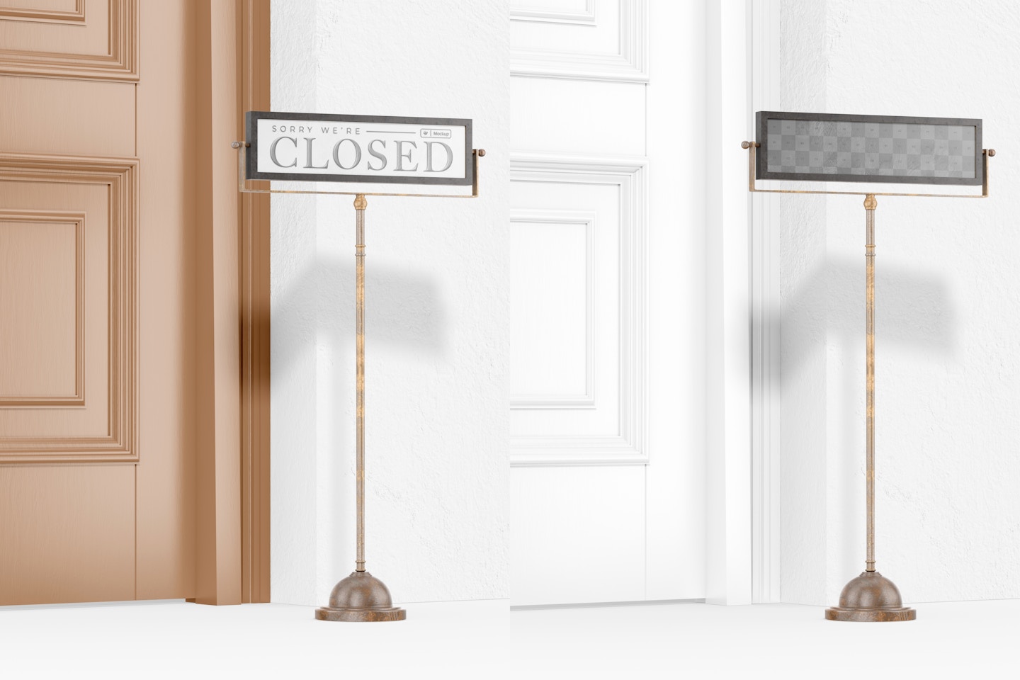 Open/Closed Sign on Stand Mockup, Low Angle View