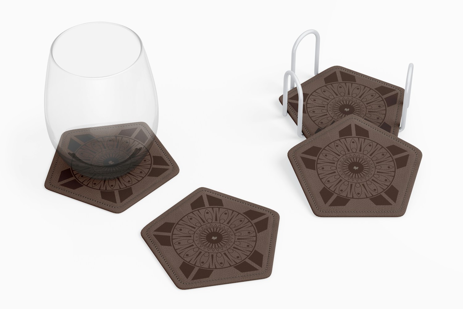 Pentagonal Leather Coasters with Glass Mockup