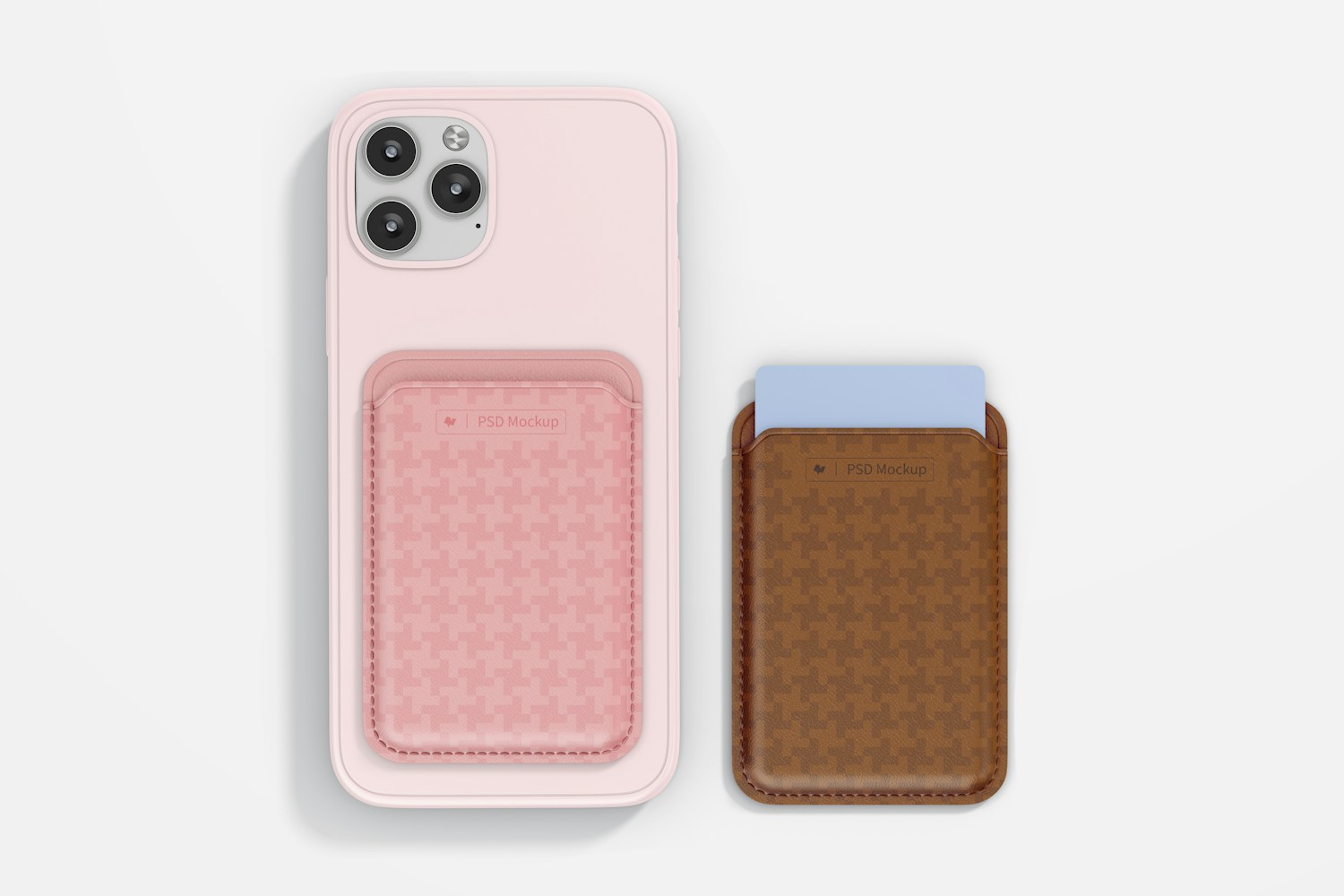 Leather Card Holders for Smartphone Mockup, Top View Leather Card Holders for Smartphone Mockup, Top View