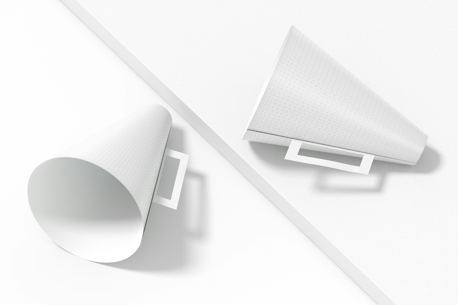 Paper Megaphones Mockup, Perspective Paper Megaphones Mockup, Perspective