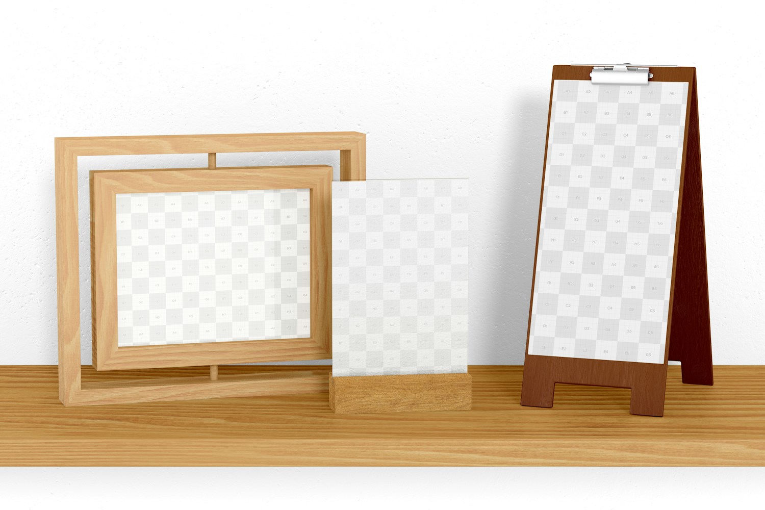 Wooden Table Tent Scene Mockup, Front View