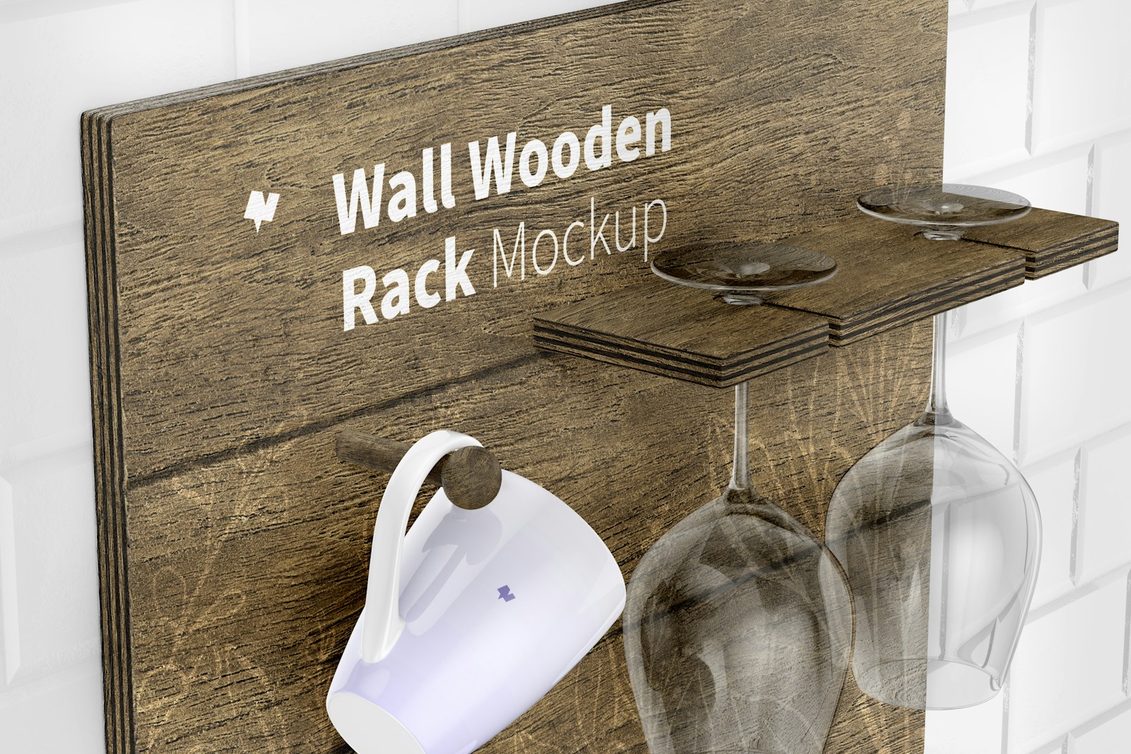 Wall Wooden Rack Mockup, Close Up