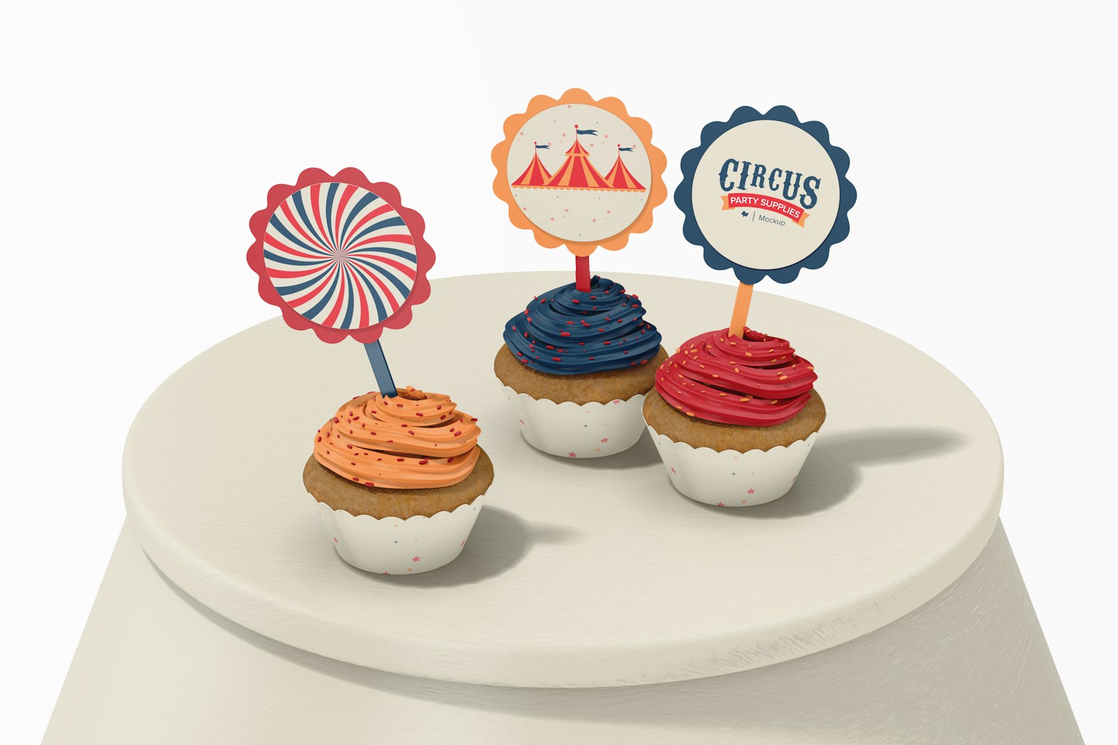 Round Cupcake Topper Mockup, on Surface