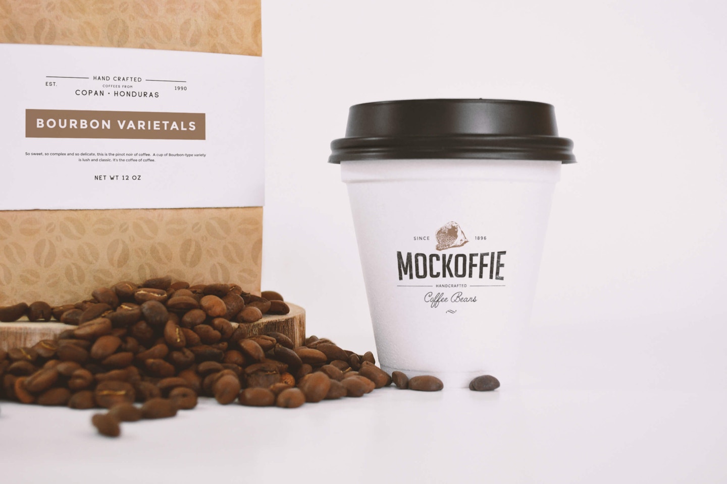 Coffee Bag and Sealed Cup Mockup Close up View