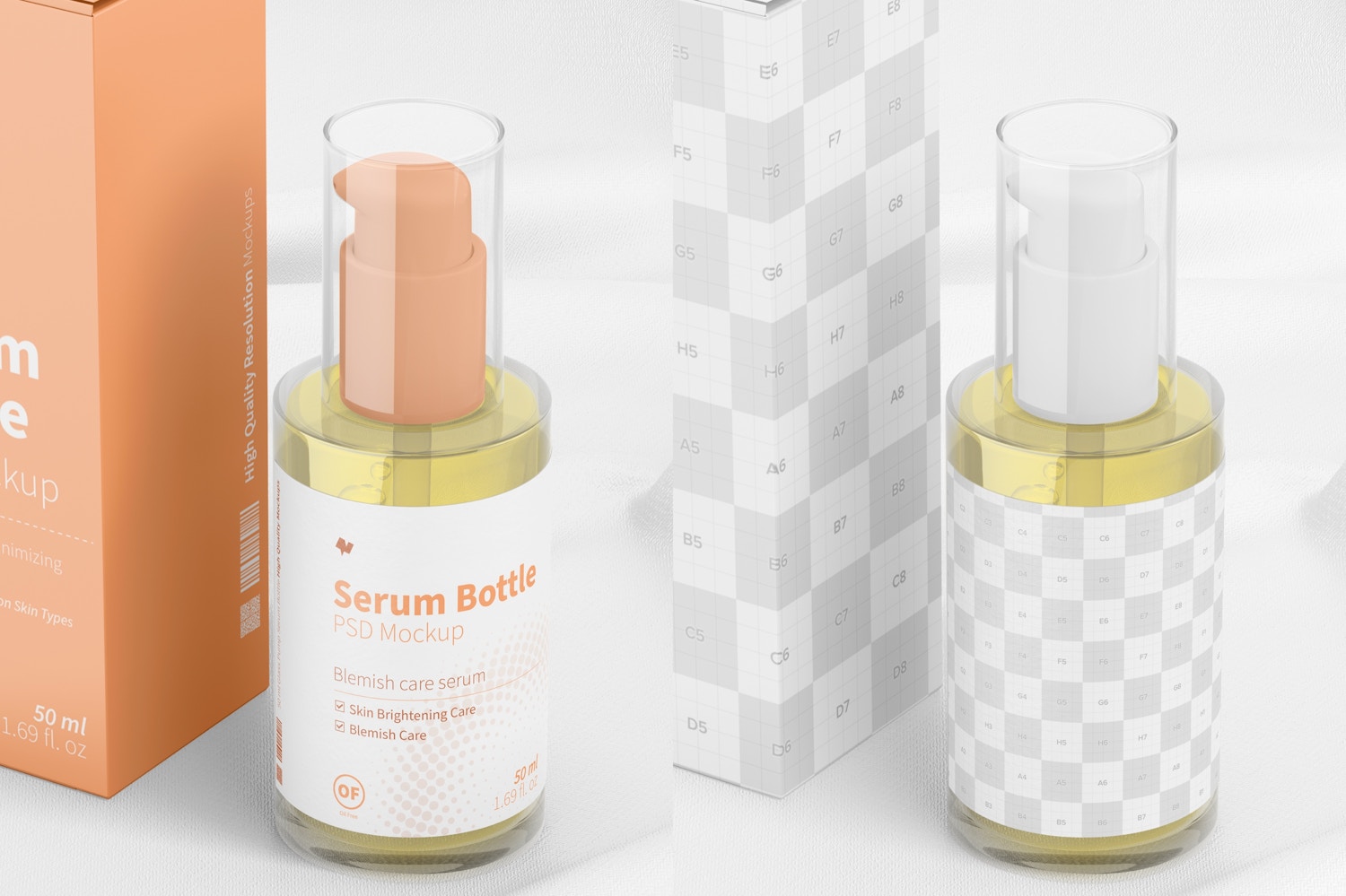 50 ml Glass Pump Serum Bottle Mockup, Close Up 50 ml Glass Pump Serum Bottle Mockup, Close Up