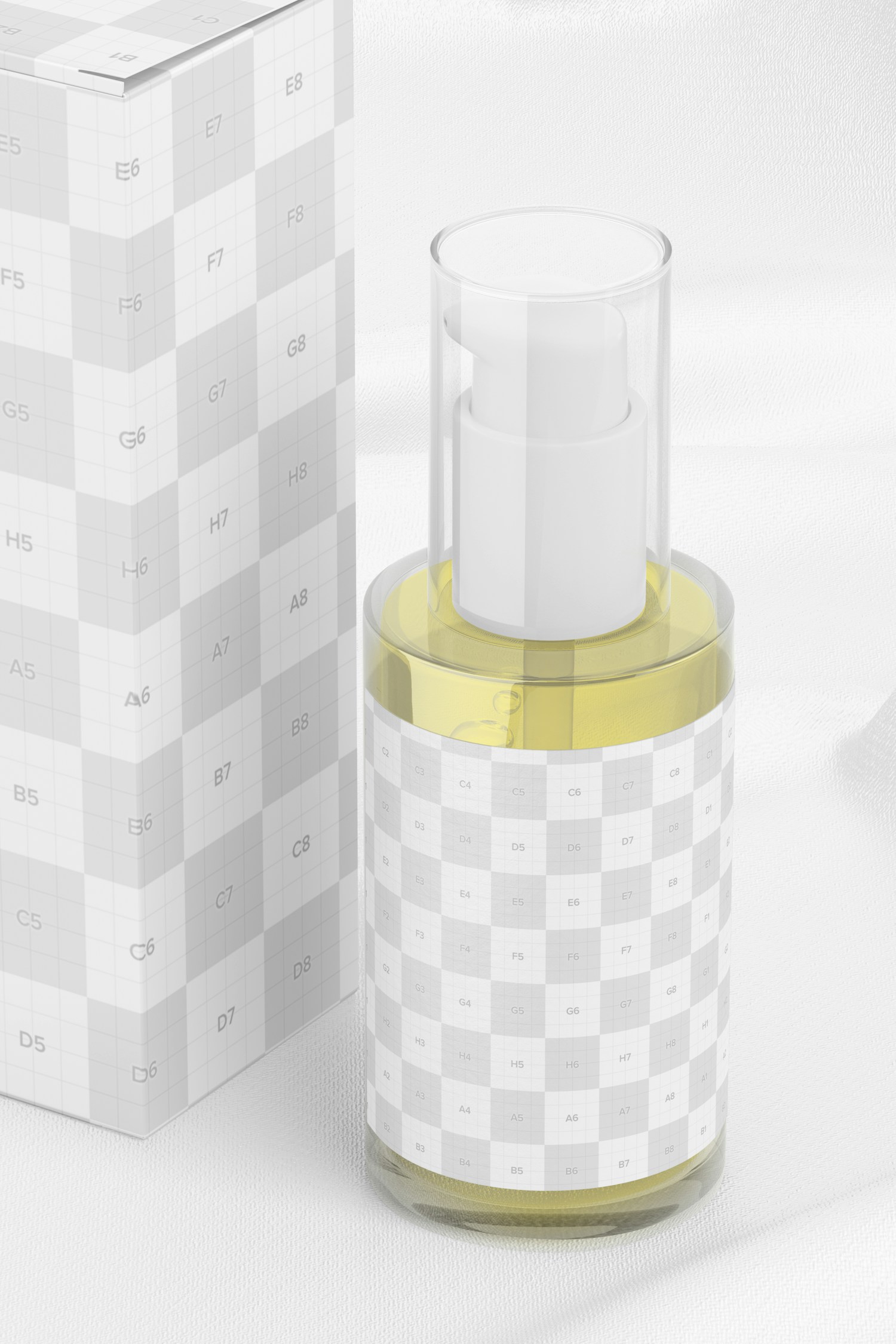 50 ml Glass Pump Serum Bottle Mockup, Close Up 50 ml Glass Pump Serum Bottle Mockup, Close Up