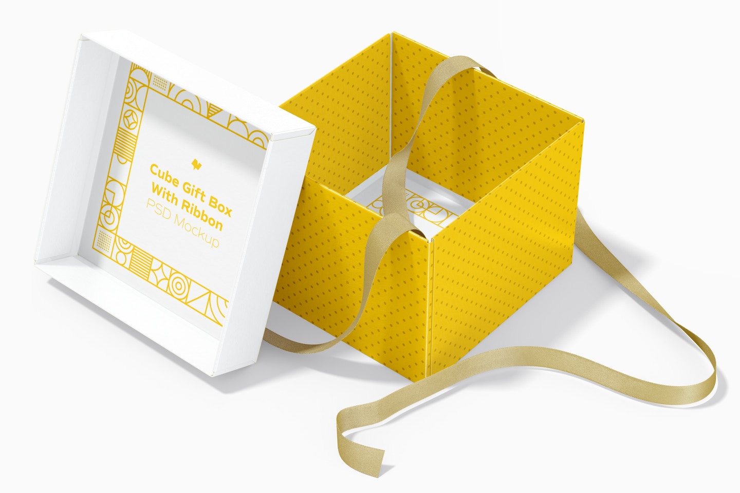 Cube Gift Box With Ribbon Mockup, Interior View