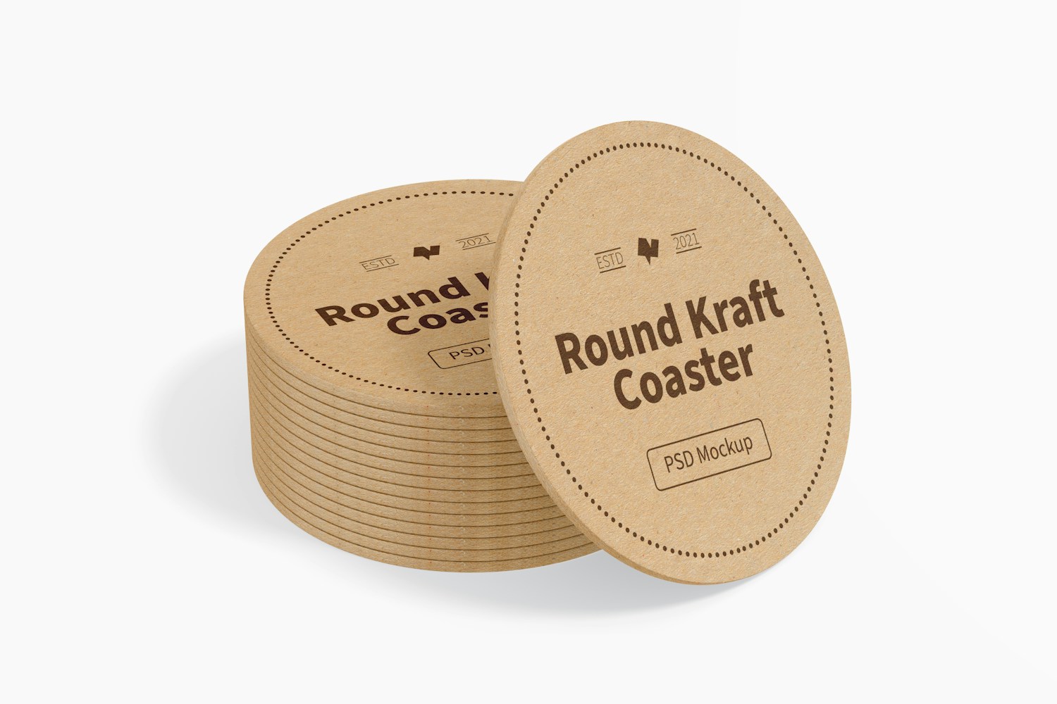 Round Kraft Coasters Mockup, Stacked Round Kraft Coasters Mockup, Stacked