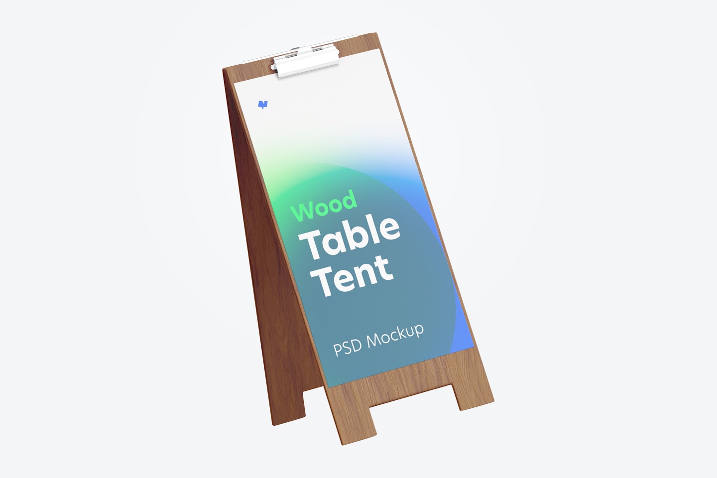 Wood Table Tent with Clip Mockup, Floating