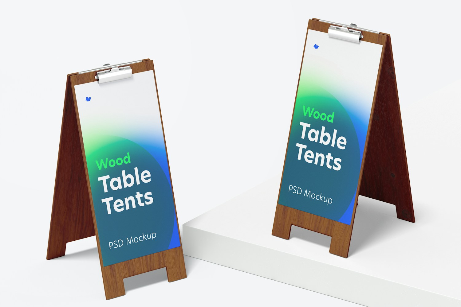 Wood Table Tents with Clip Mockup, Right View