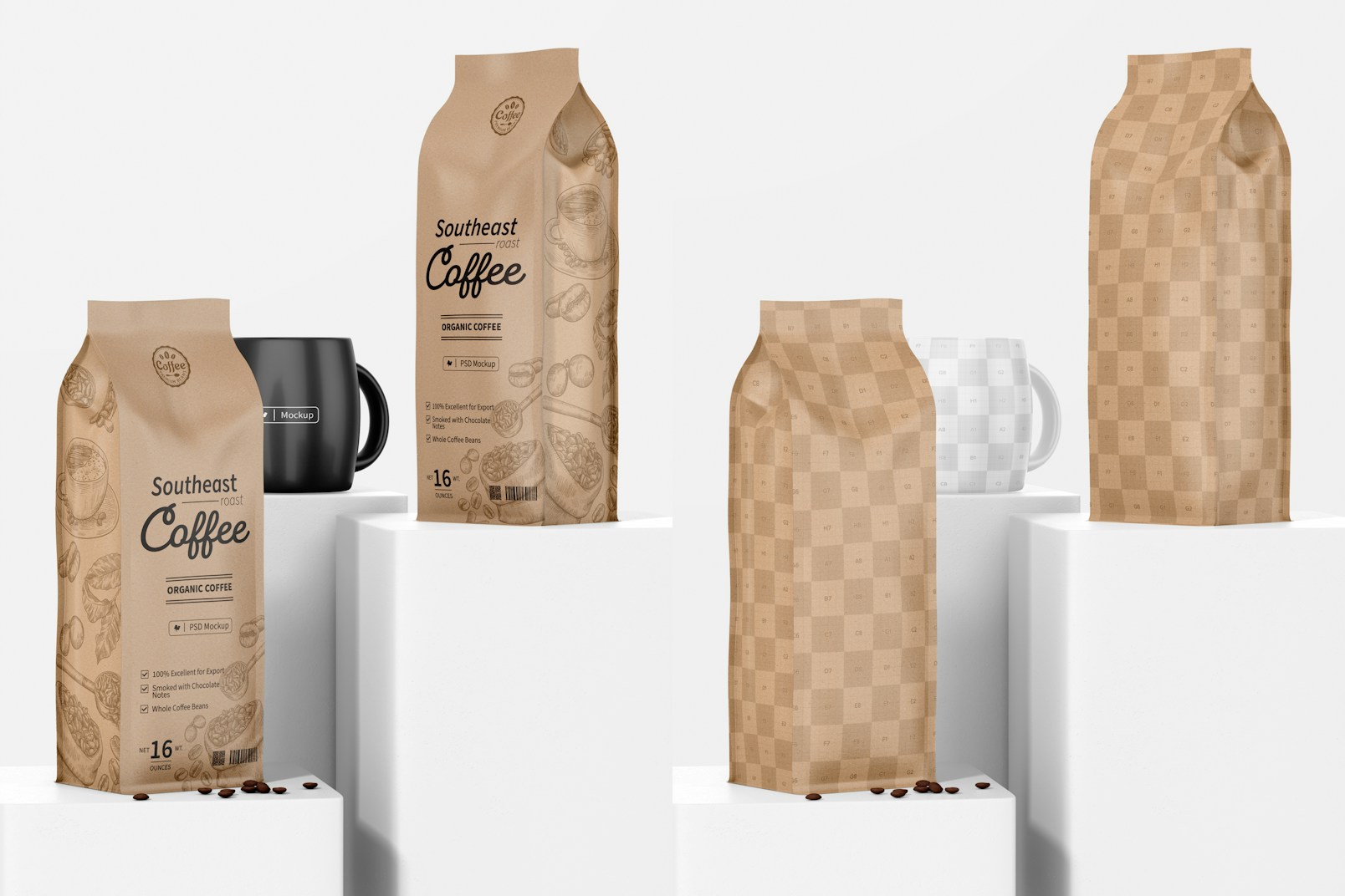 Kraft Paper Coffee Bags on Podiums Mockup