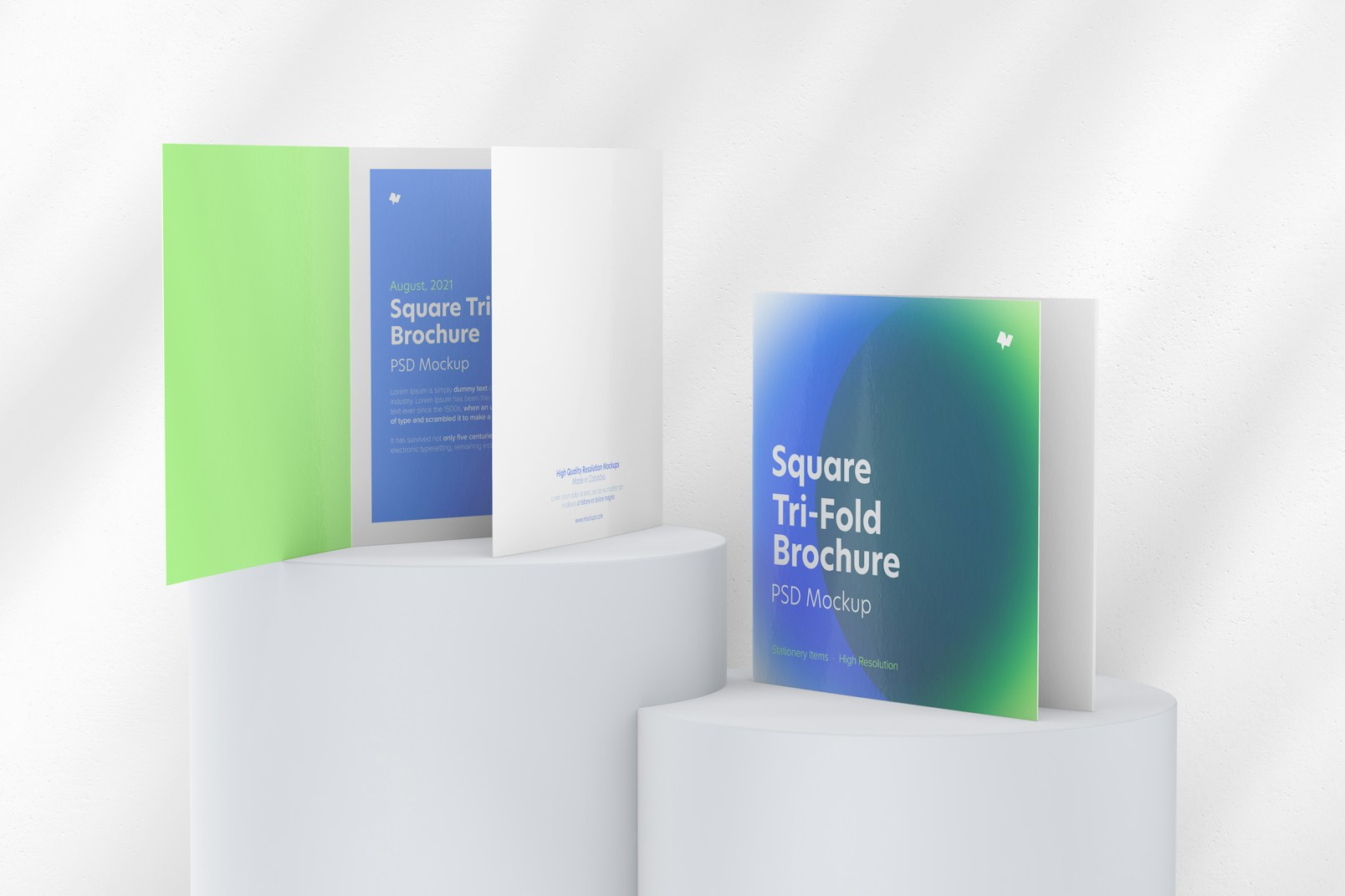 Square Tri-Fold Brochures Mockup, on Podiums