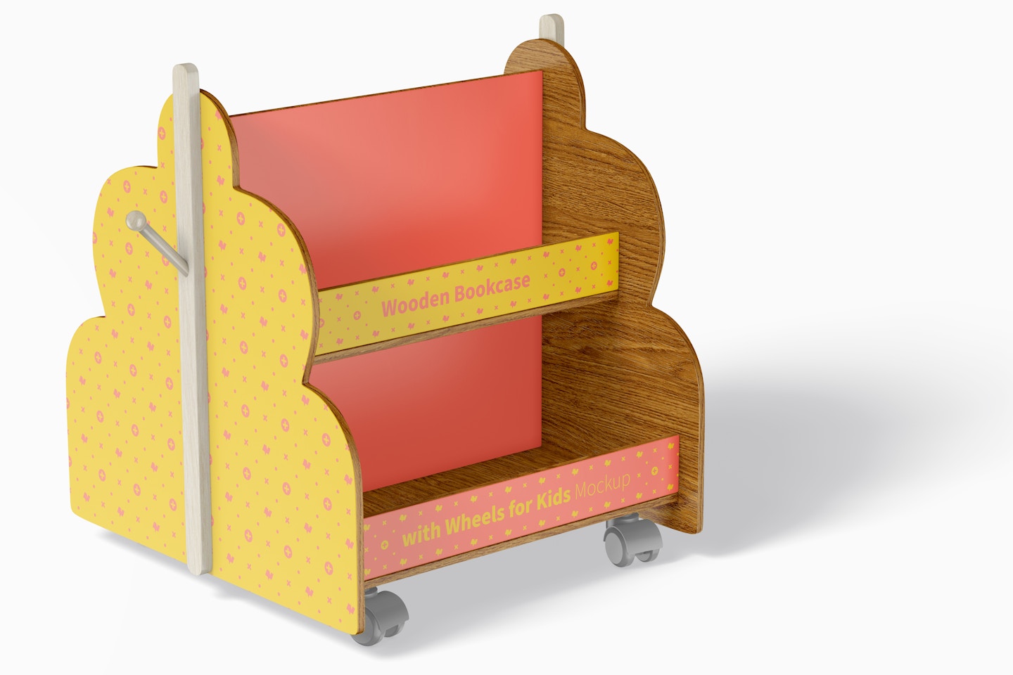 Wooden Bookcase with Wheels for Kids Mockup