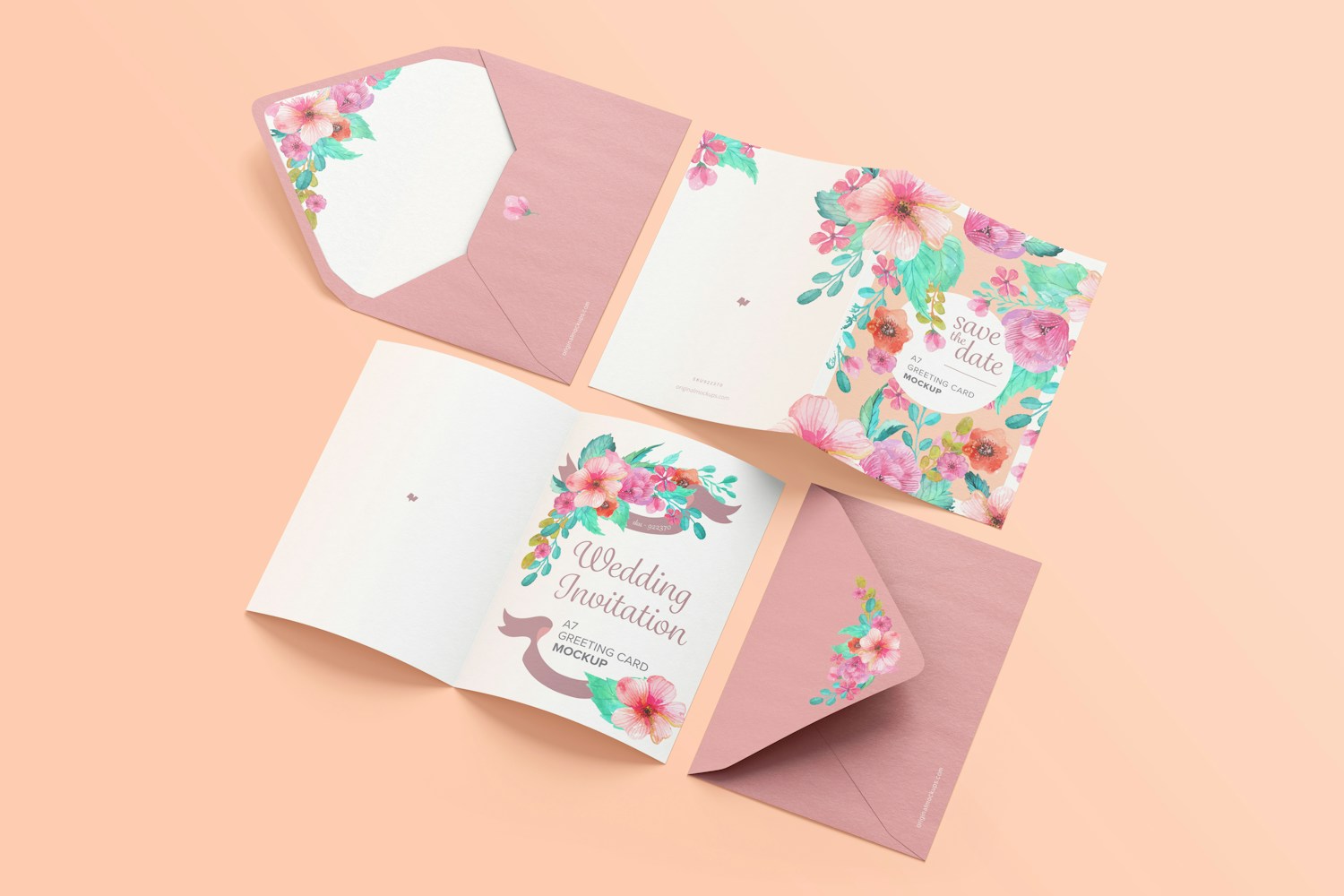 A7 Greeting Card Mockup with Envelope, Spread Exterior, and Interior Pages