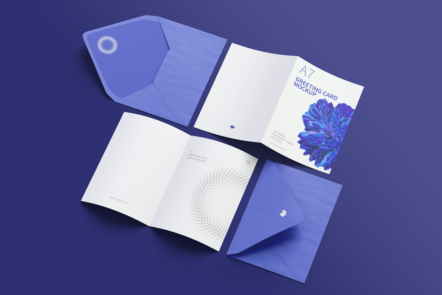 A7 Greeting Card Mockup with Envelope, Spread Exterior, and Interior Pages