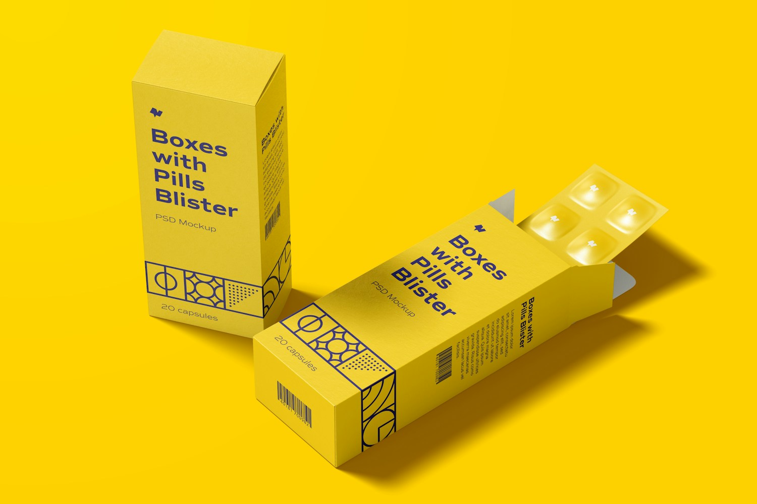 Boxes with Pills Blister Mockup, Standing and Dropped