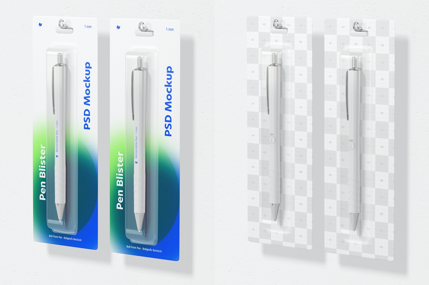 Pen Blisters Mockup, Hanging on Wall Pen Blisters Mockup, Hanging on Wall