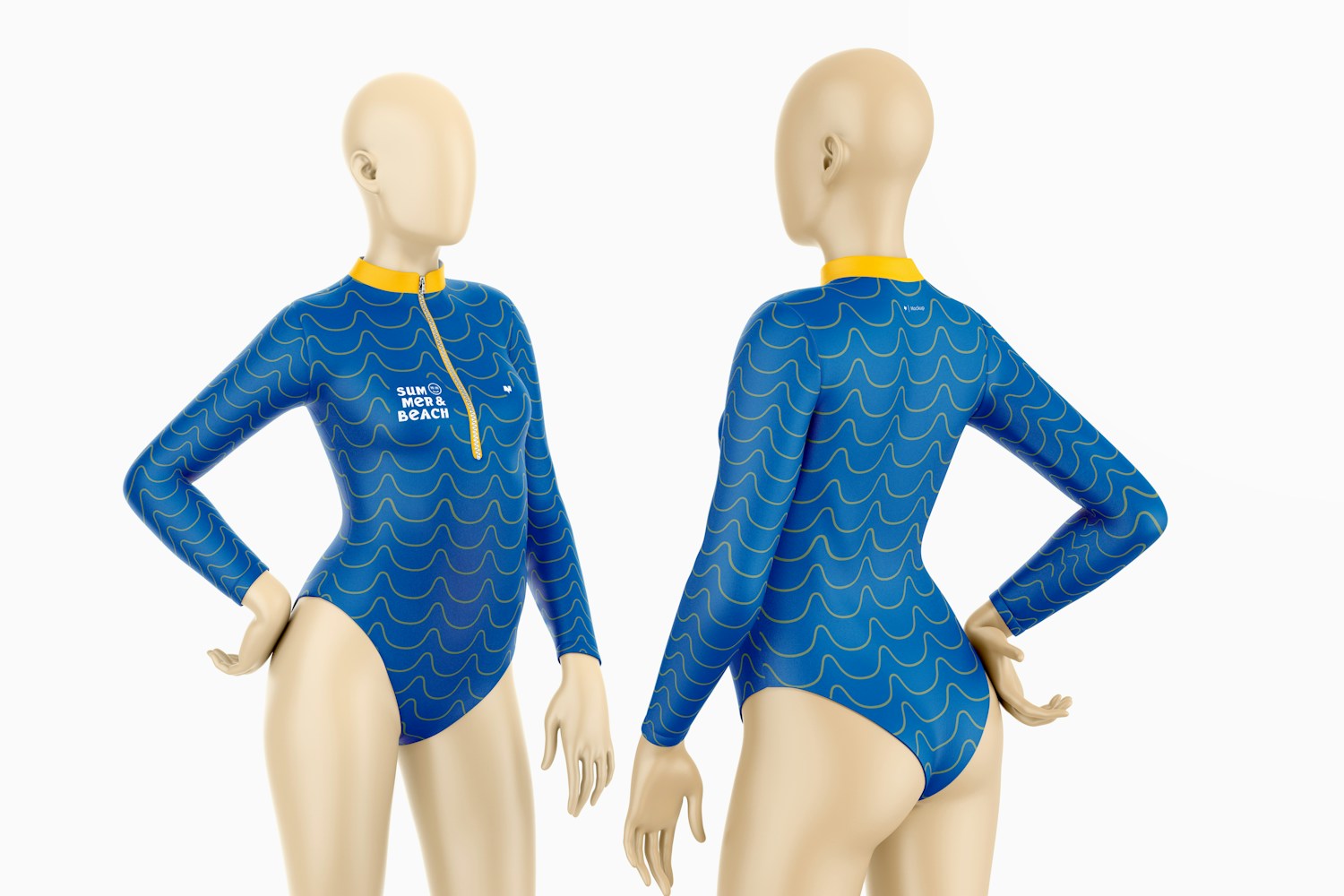Woman Long Sleeved Swimsuit Mockup, Front and Back View