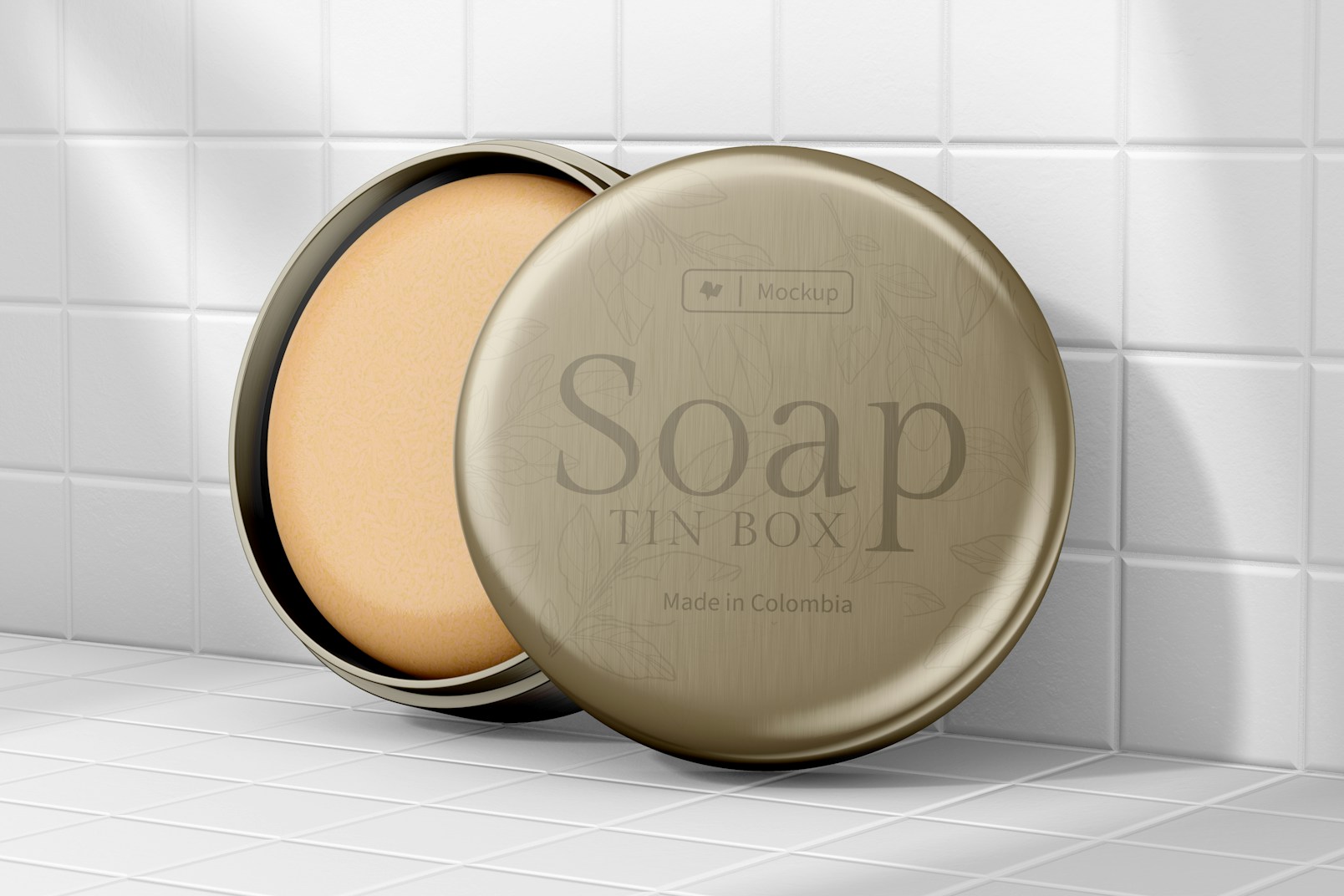 Round Soap Tin Box Mockup, Leaned