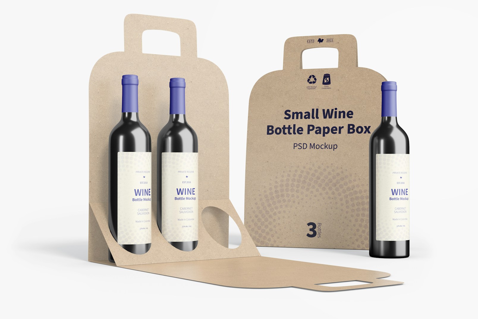 Small Wine Bottle Paper Boxes Mockup, Floating