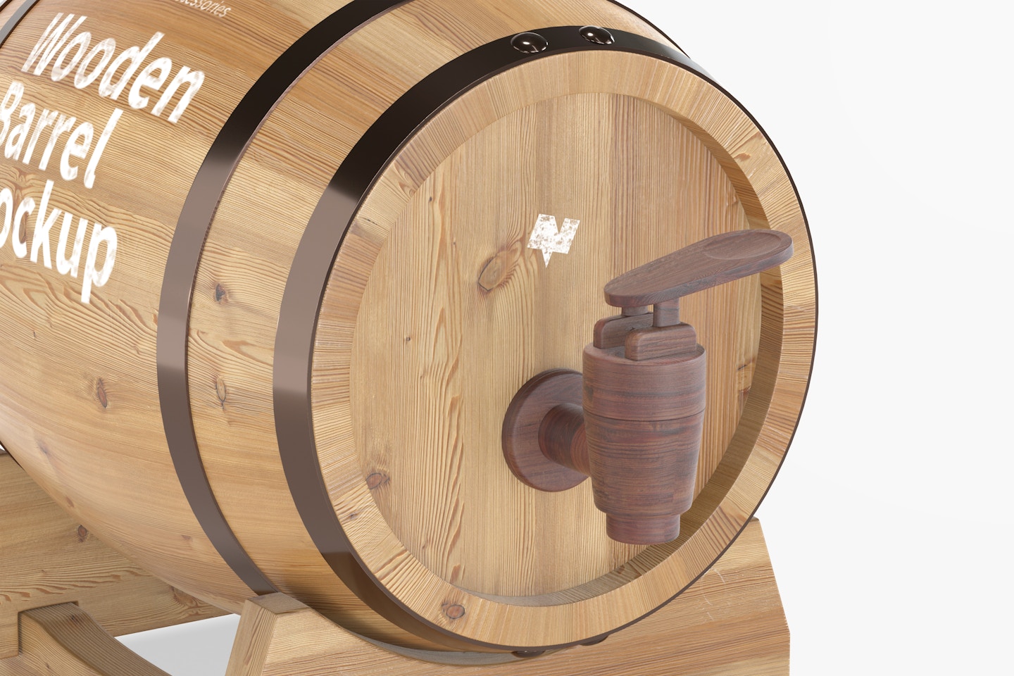 Wooden Barrel on Stand Mockup, Close-Up