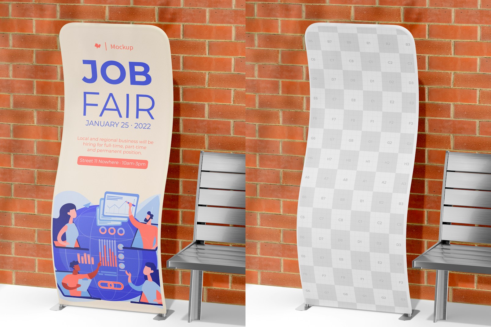 Fabric Banner Stand with Bench Mockup