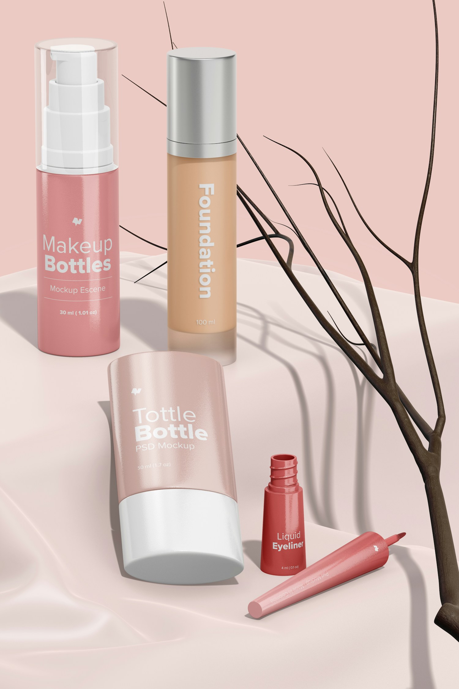 Makeup Bottles Scene Mockup, Standing and Dropped Makeup Bottles Scene Mockup, Standing and Dropped