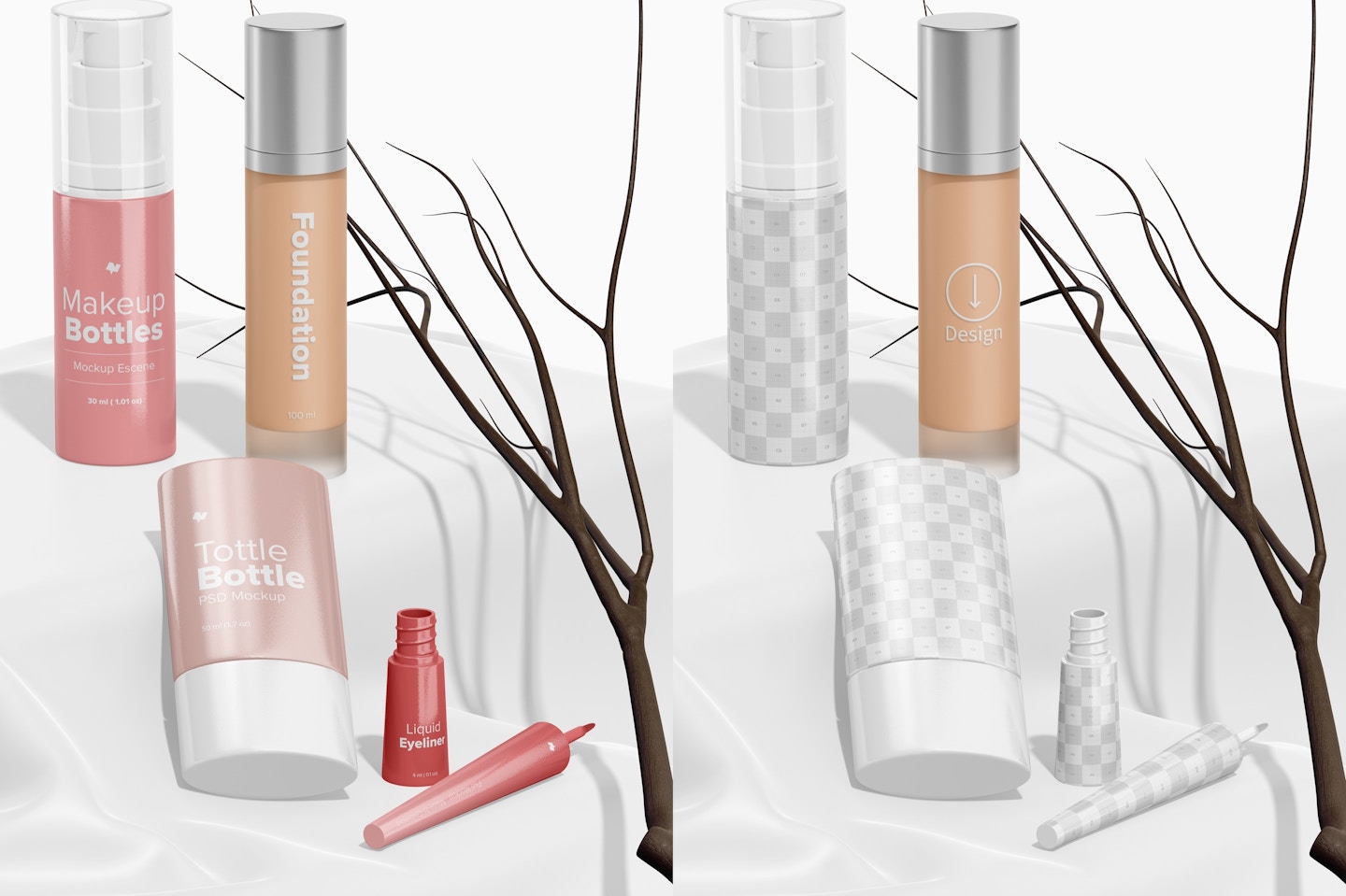 Makeup Bottles Scene Mockup, Standing and Dropped