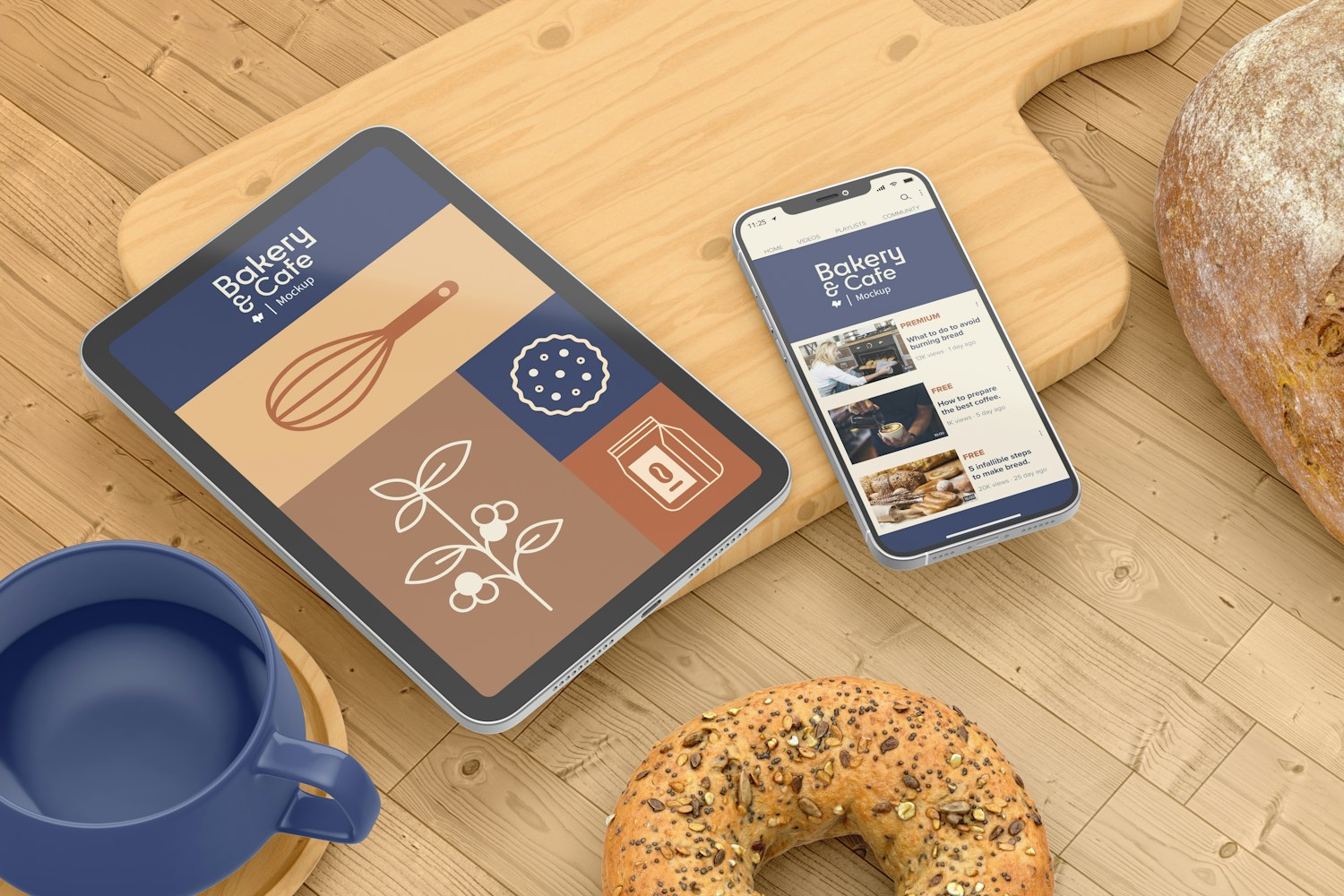 Bakery Items with Devices Mockup, on Surface