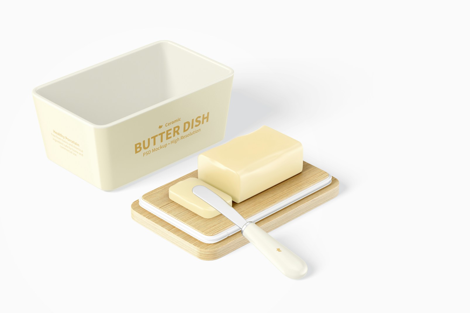Ceramic Butter Dish with Bamboo Lid Mockup