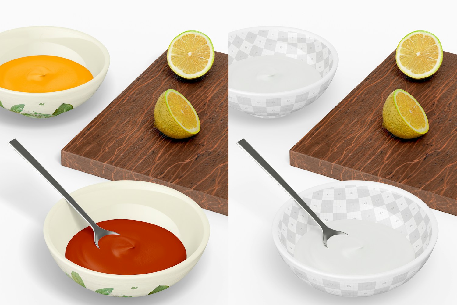 Small Sauce Dishes Mockup, Left View Small Sauce Dishes Mockup, Left View