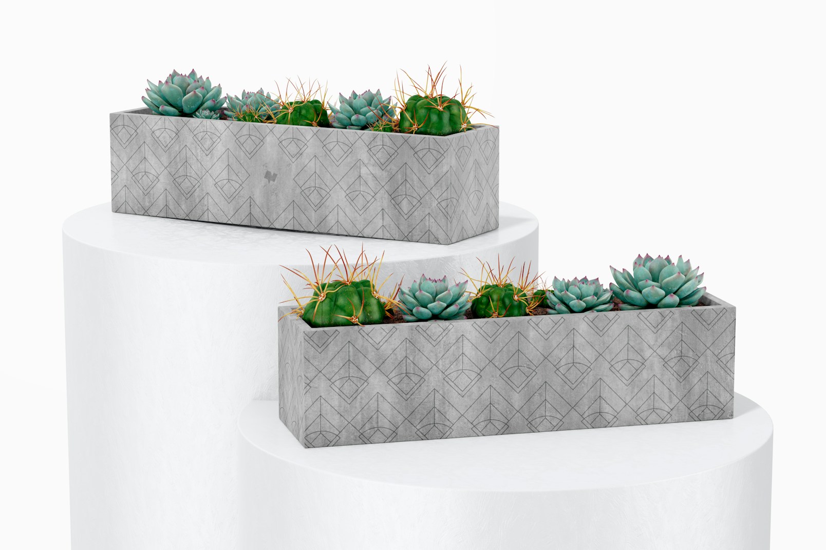 Rectangular Table Cement Planters Mockup, Front View