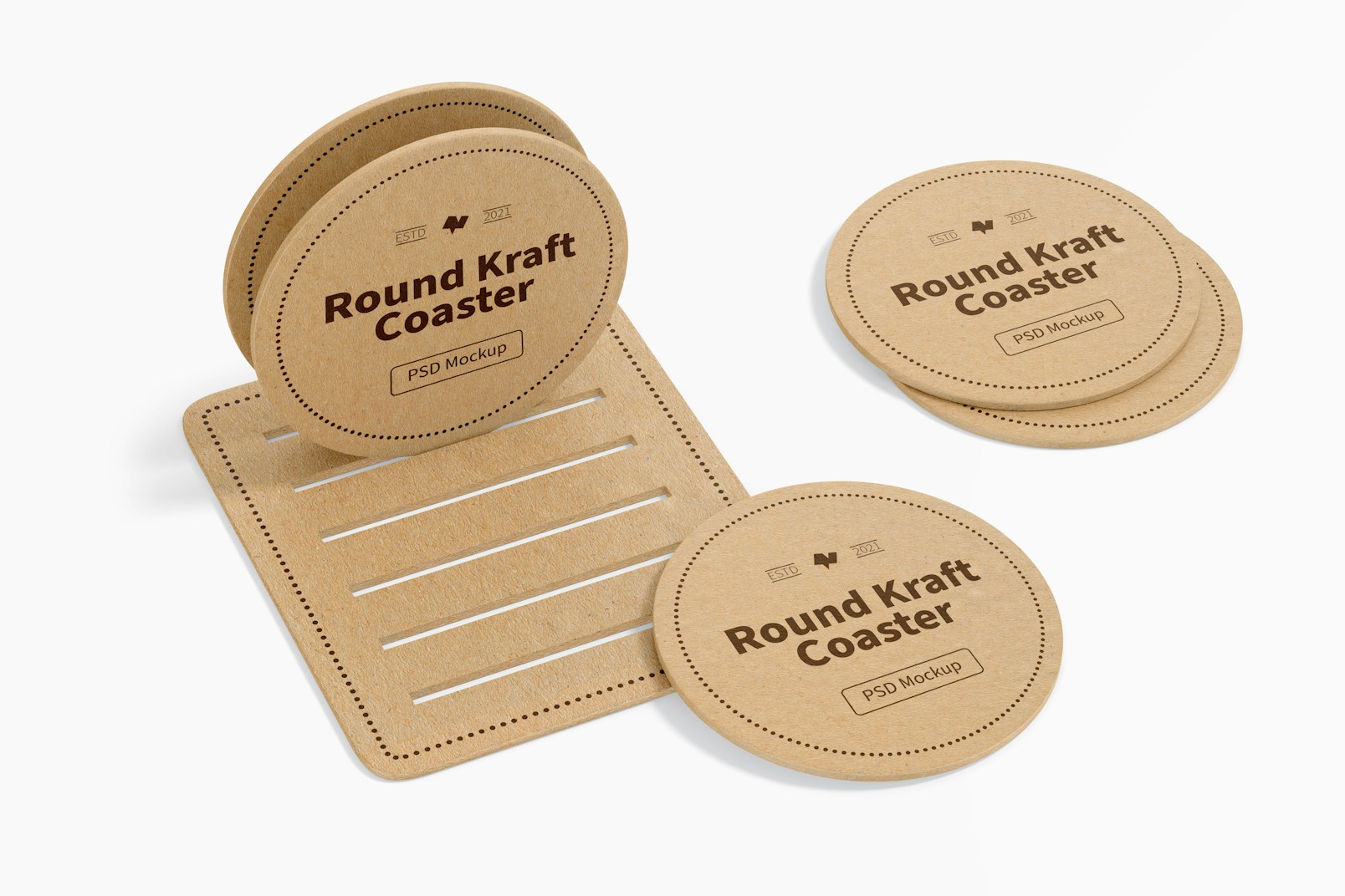 Round Kraft Coasters with Holder Mockup