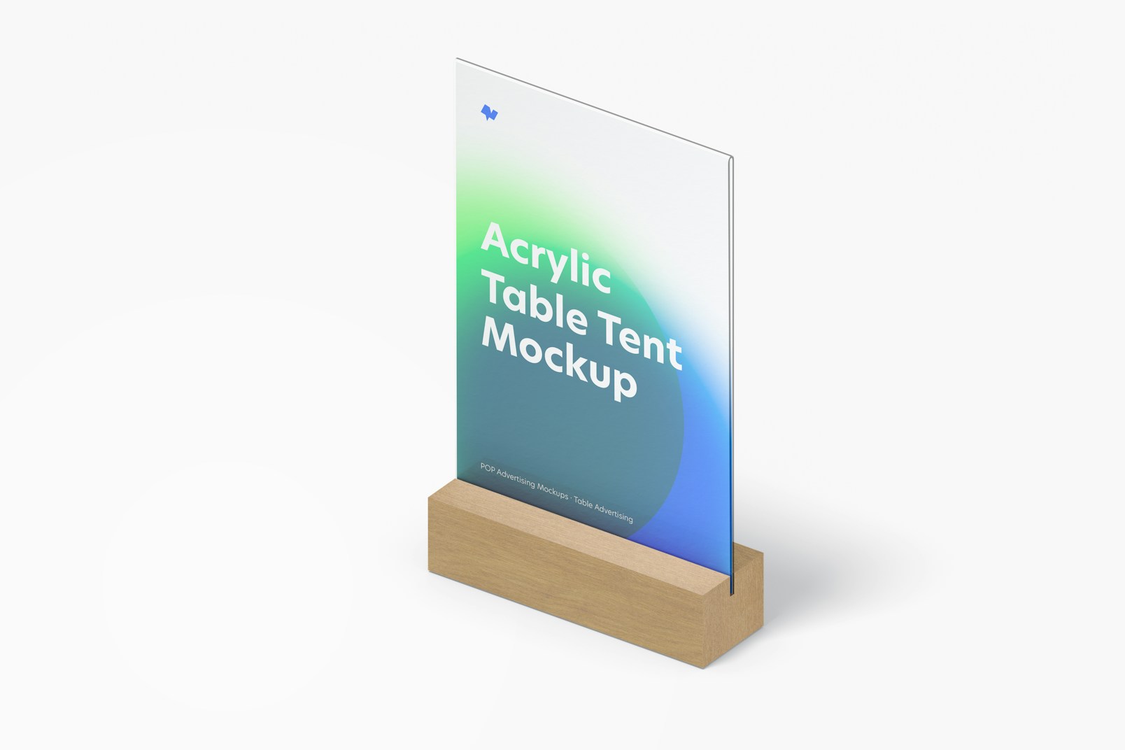 Acrylic Table Tent with Wood Base Mockup, Isometric Left View
