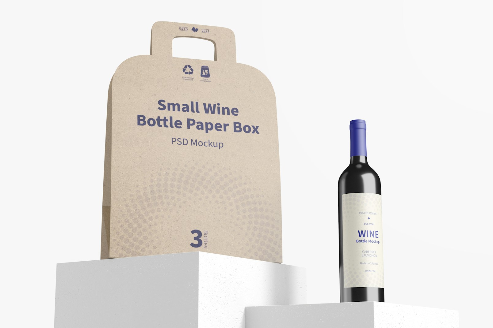 Small Wine Bottle Paper Box Mockup, Low Angle View