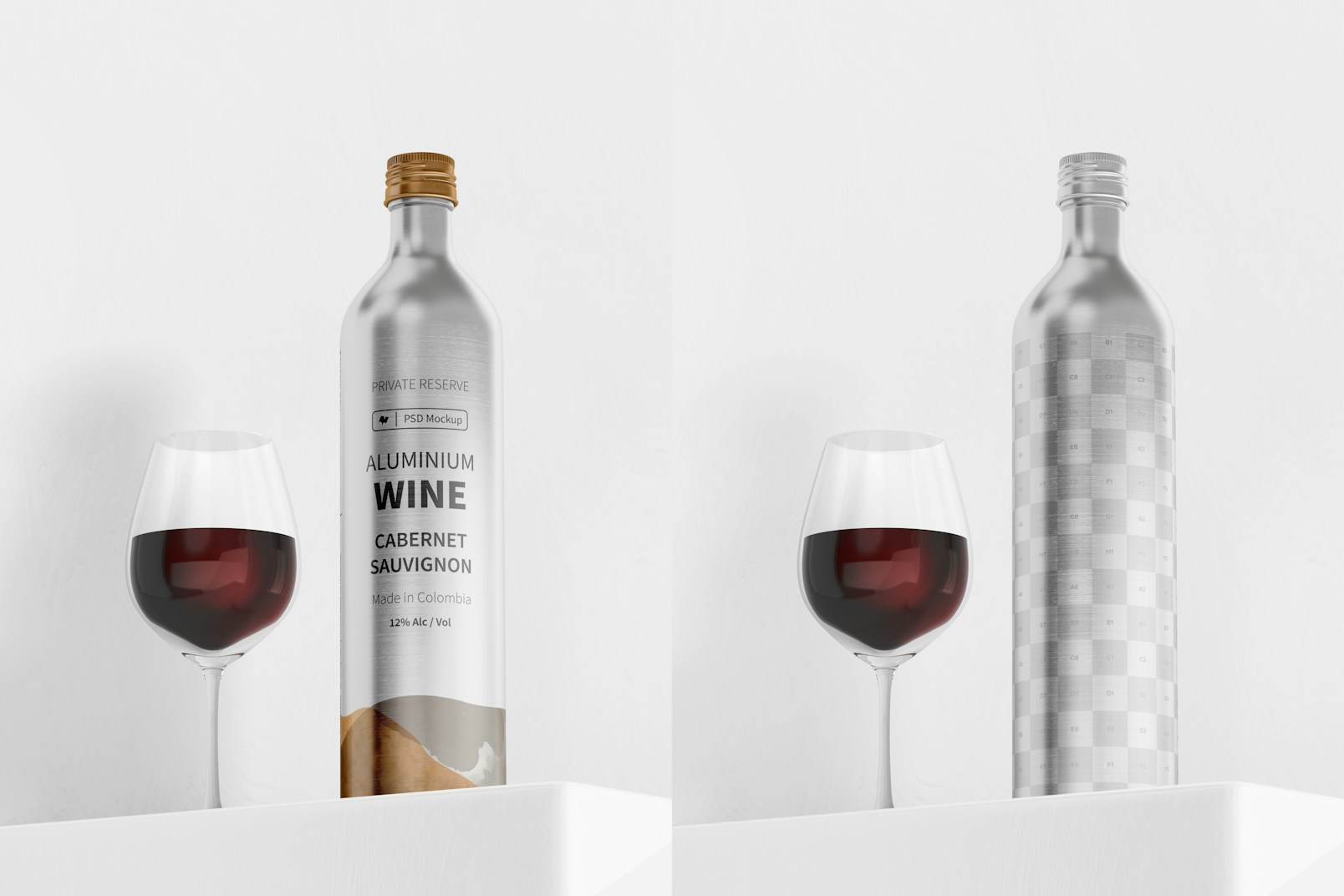 Aluminium Wine Bottle Mockup, with Glass