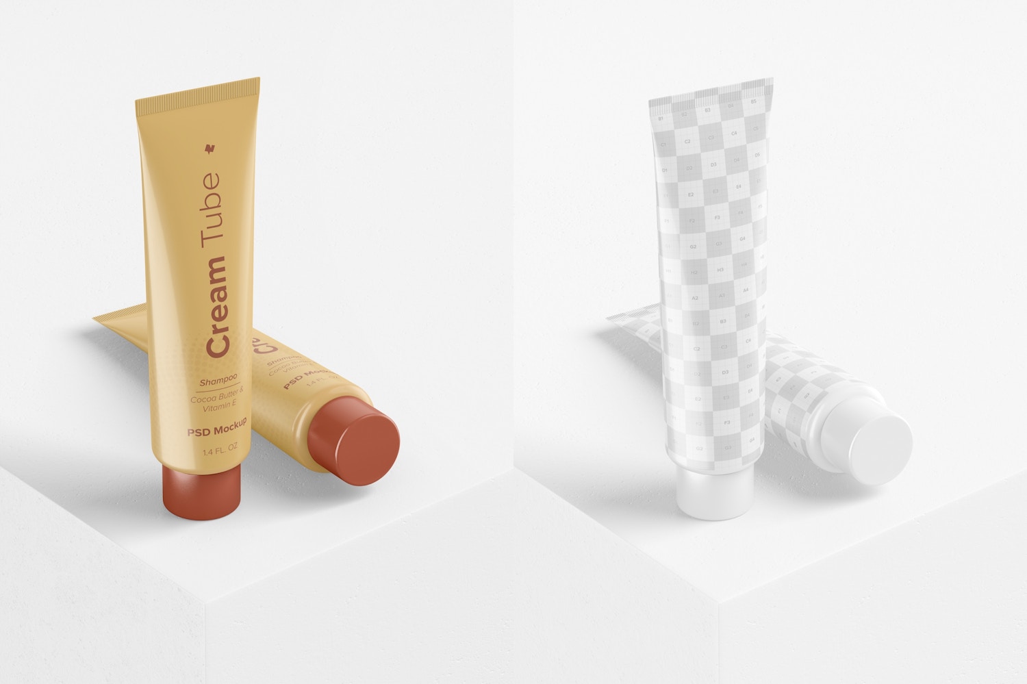 1.4 oz Cream Tubes on Podium Mockup, Standing and Dropped 1.4 oz Cream Tubes on Podium Mockup, Standing and Dropped