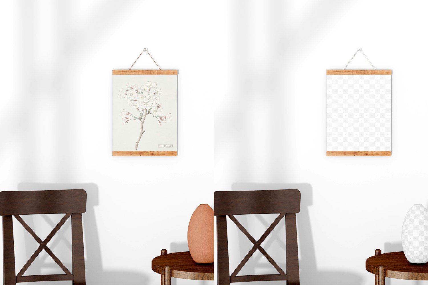 3:4 Wooden Frame Poster Hanger with Chair Mockup