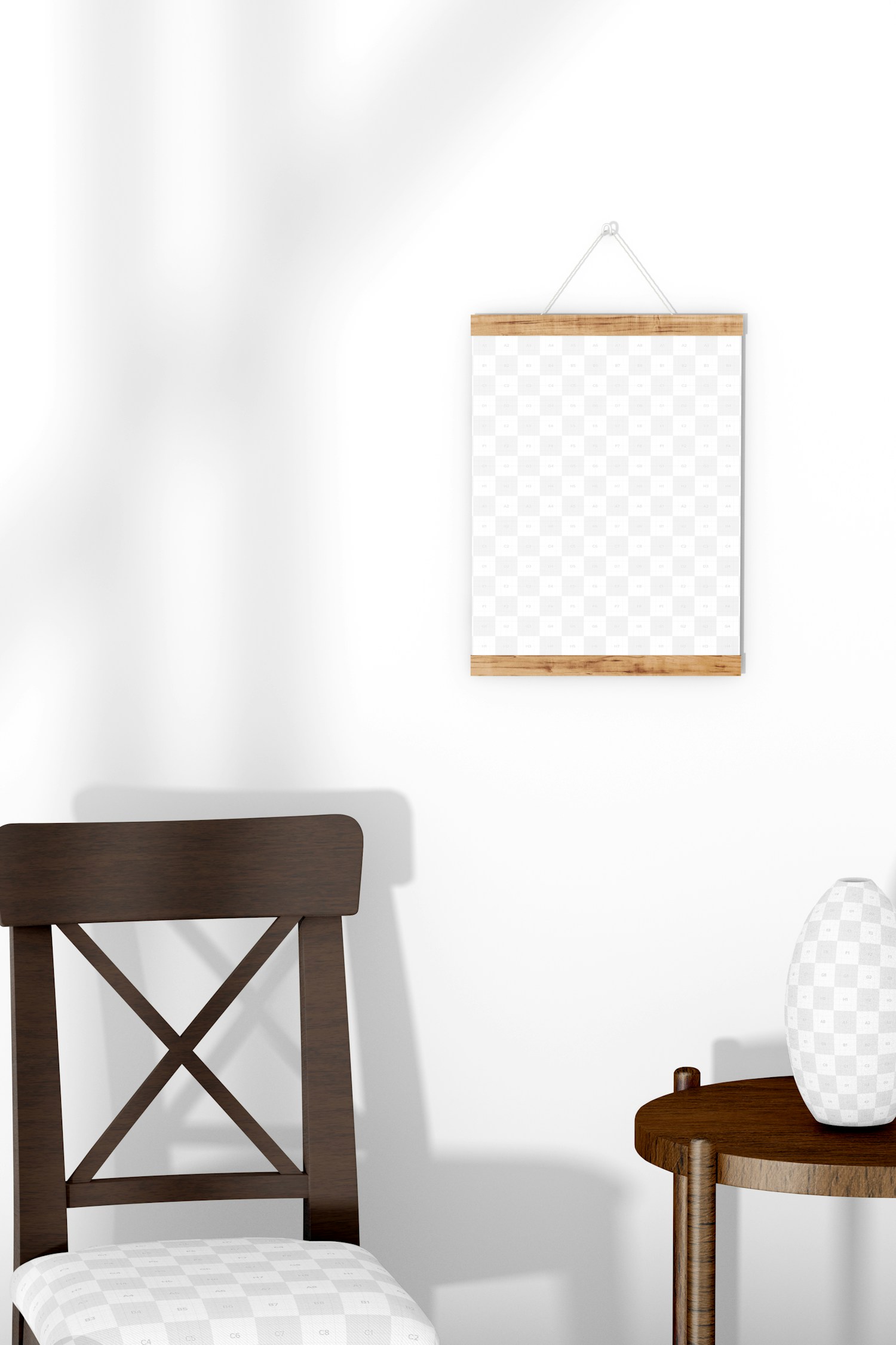 3:4 Wooden Frame Poster Hanger with Chair Mockup