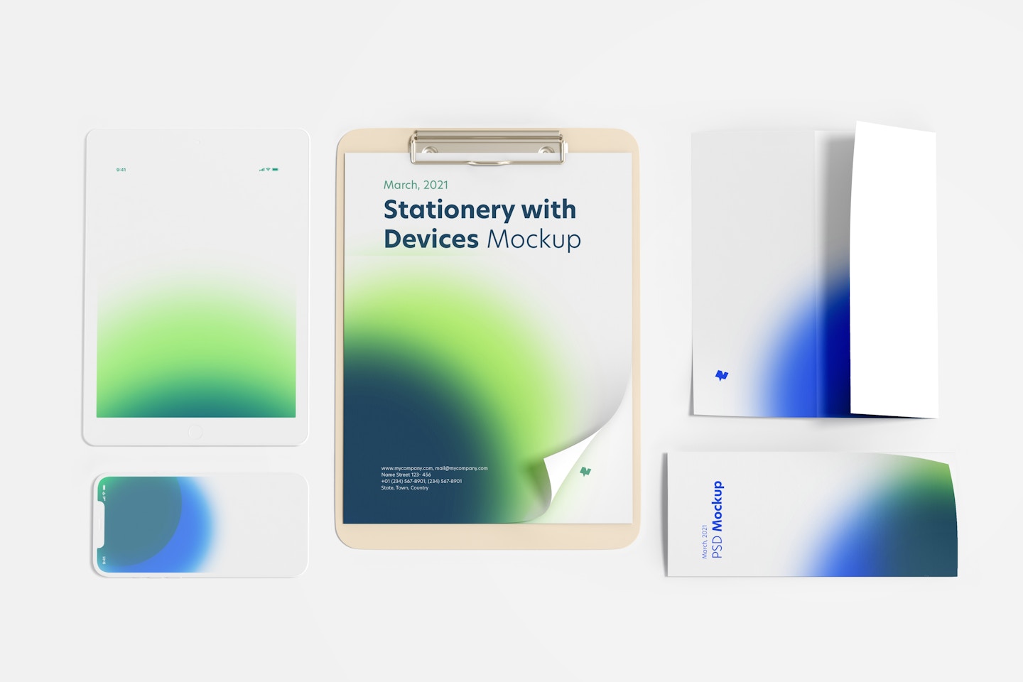 Stationery with Devices Mockup, Top View